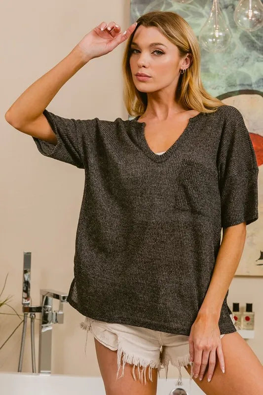 BiBi Boucle Sweater Knit Short Sleeve Henley Top for Women | Casual Summer Tops | Perfect for Beach Outings, Date Nights & Weekend Brunch
