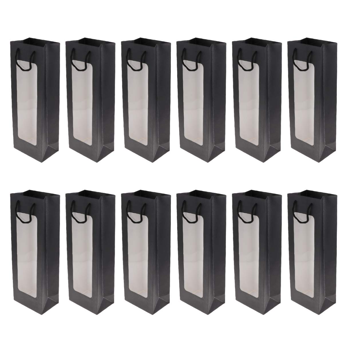 BESPORTBLE 12-Pack Black Kraft Paper Wine Gift Bags with Handles - Premium Champagne & Red Wine Tote Carrier Bags for Parties, Weddings & Gifting