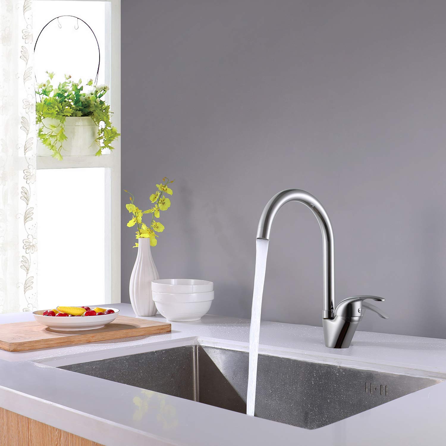 **Commercial Kitchen Faucet - Hot & Cold Water Mixer Tap, Single Handle Deck Mount Swivel Sink Faucet, D6074-1 - Perfect for Restaurants, Cafes & Home Kitchens**