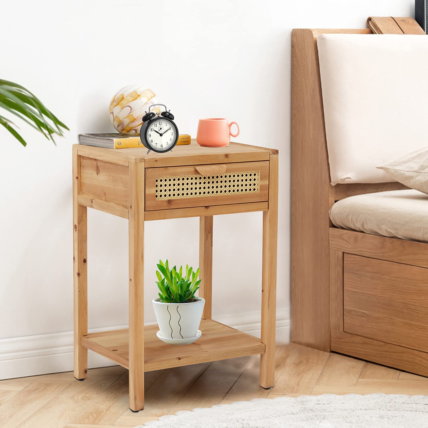 Kinbor Natural Wood Nightstand - Rustic Farmhouse Style End Table with Shelf & Rattan Drawer for Bedroom, Living Room & Entryway | Perfect Bedside Table for Small Spaces & Cozy Home Decor