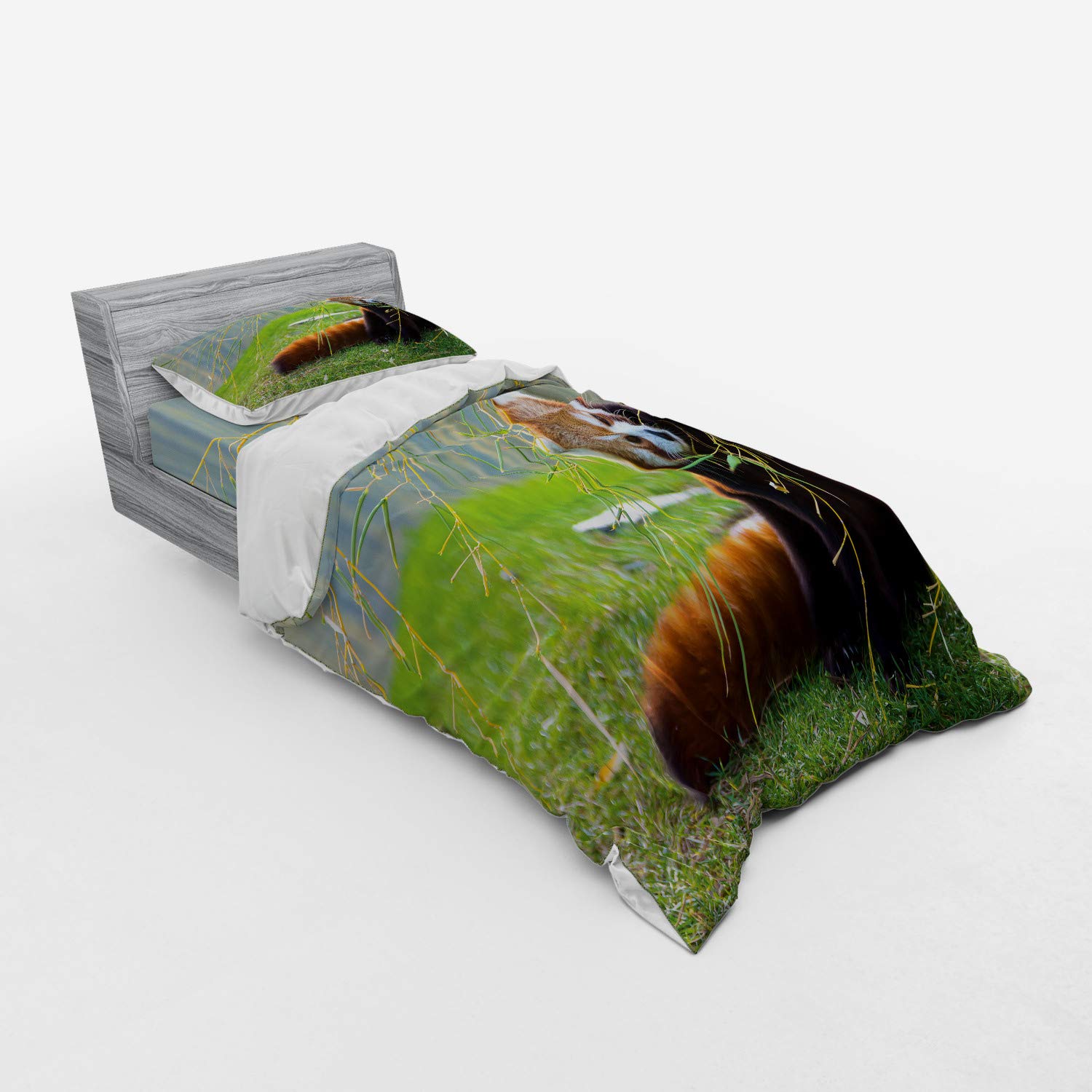 Ambesonne Panda Duvet Cover Set - 3 Piece Twin Size Bedding with Sham & Fitted Sheet, Wild Animal Meadow Scene in Himalayas, Brown & Red - Perfect for Kids Rooms, Jungle Themed Decor & Cozy Bedroom Makeovers