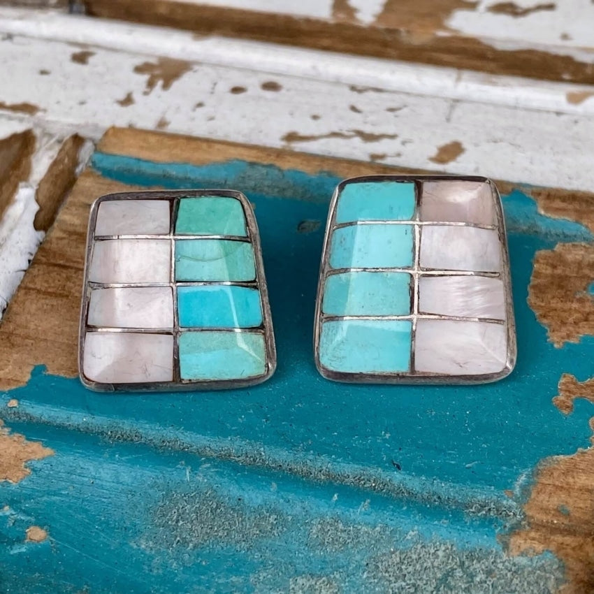 Authentic Sterling Silver Turquoise & Mother of Pearl Southwestern Style Earrings for Women | Handmade Native American Jewelry | Perfect for Boho Fashion, Festivals & Gift Giving