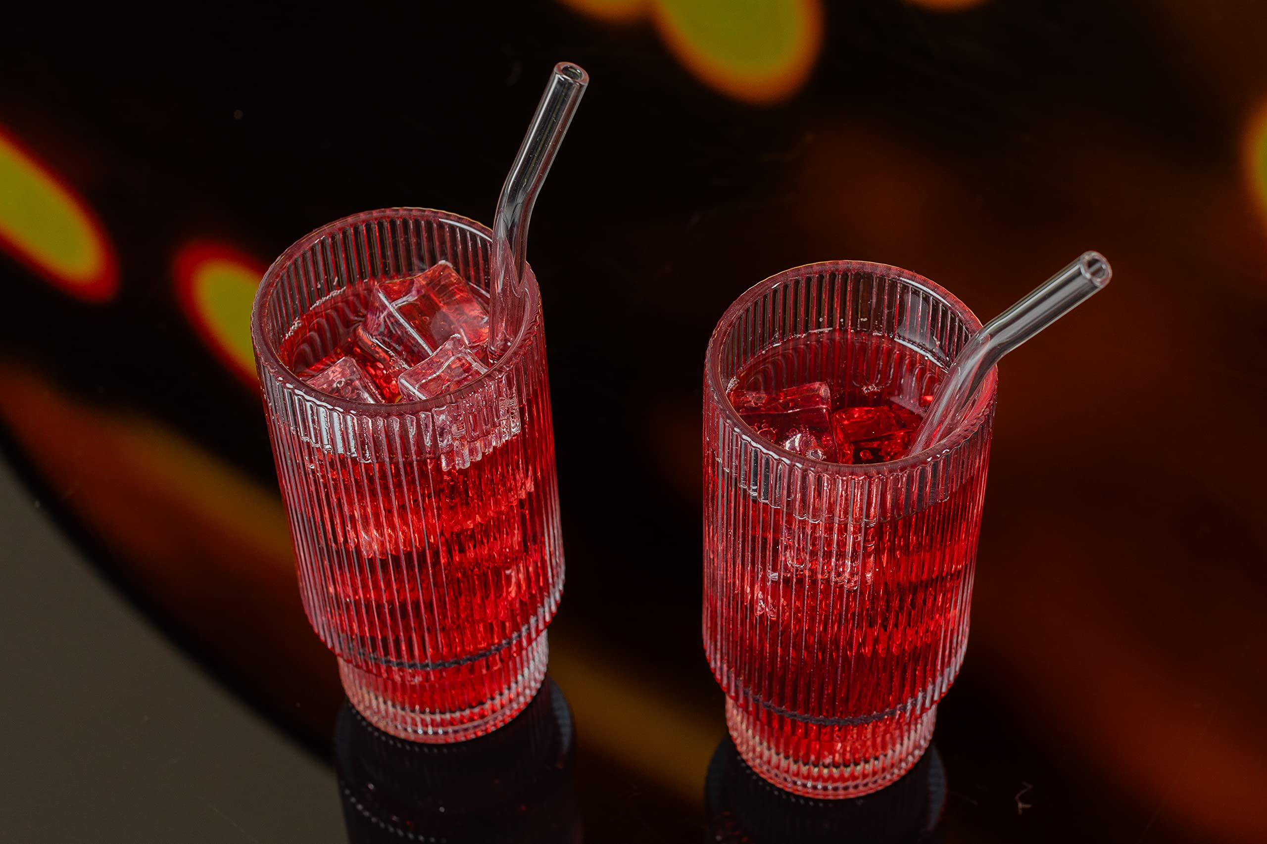 Premium 4-Piece Ribbed Glass Drinking Set with Glass Straws & Cleaner - Iced Coffee & Cocktail Tumblers - Perfect Housewarming Gift for New Home - Ideal for Parties, Daily Use & Home Decor