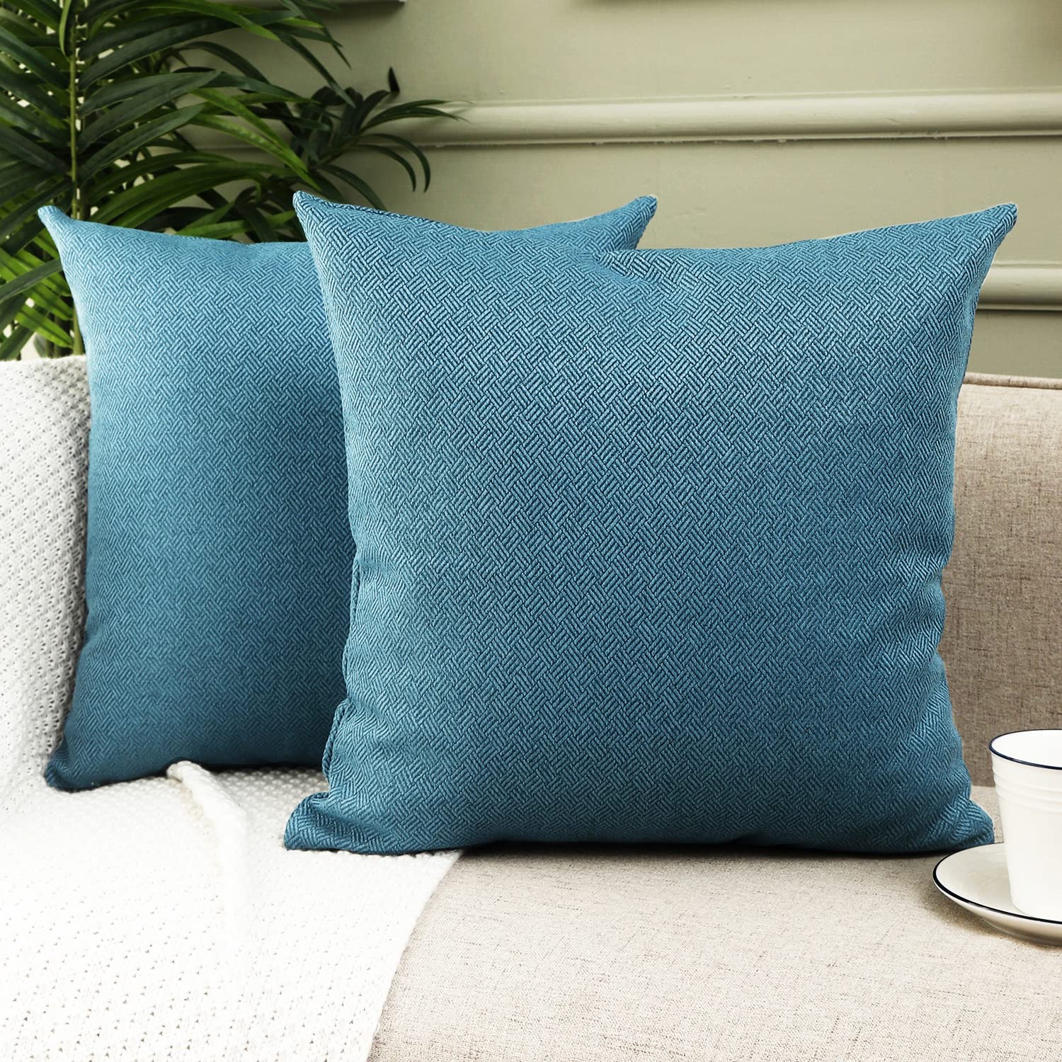 Jepeak 20x20 Inch Woven Textured Throw Pillow Covers (Pack of 2) - Rustic Linen Square Cushion Covers for Farmhouse, Spring & Home Decor - Denim Blue - Perfect for Sofa, Couch, Bed & Living Room Accents