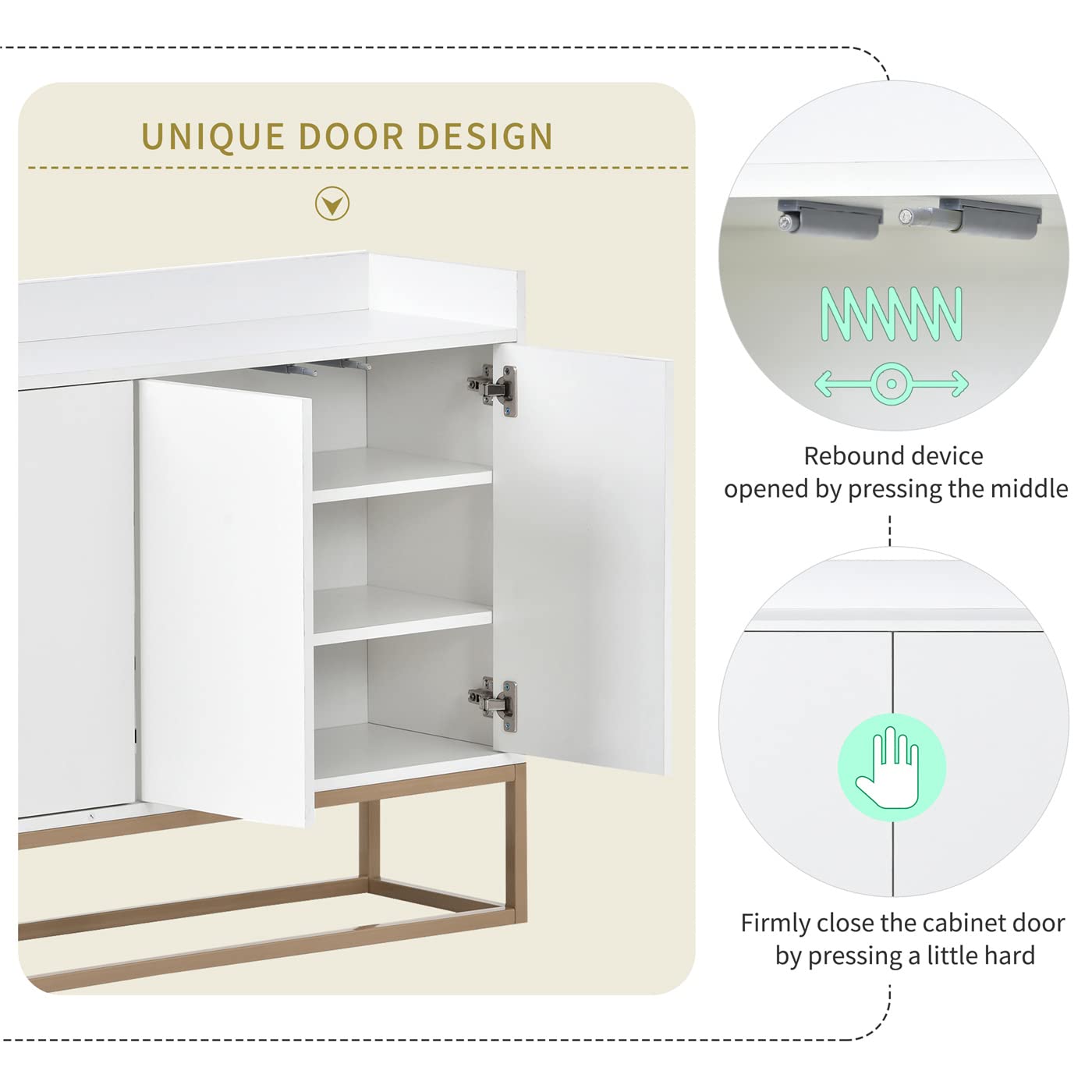 Modern White Sideboard Buffet Cabinet with Large Storage & Gold Metal Legs - Elegant Accent Storage Console Table with Adjustable Shelf for Dining Room, Kitchen, Hallway | Perfect for Home Decor & Entertaining Guests