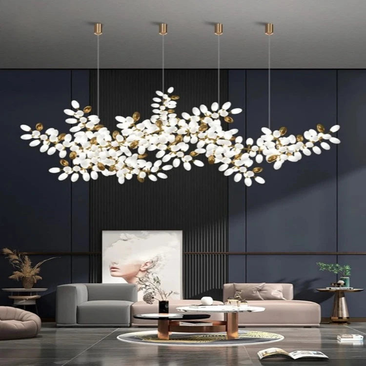 Elegant White and Gold Leaf Chandelier - Modern Crystal Ceiling Light Fixture for Living Room, Dining Room, Bedroom - Perfect for Home Decor and Luxury Interior Design
