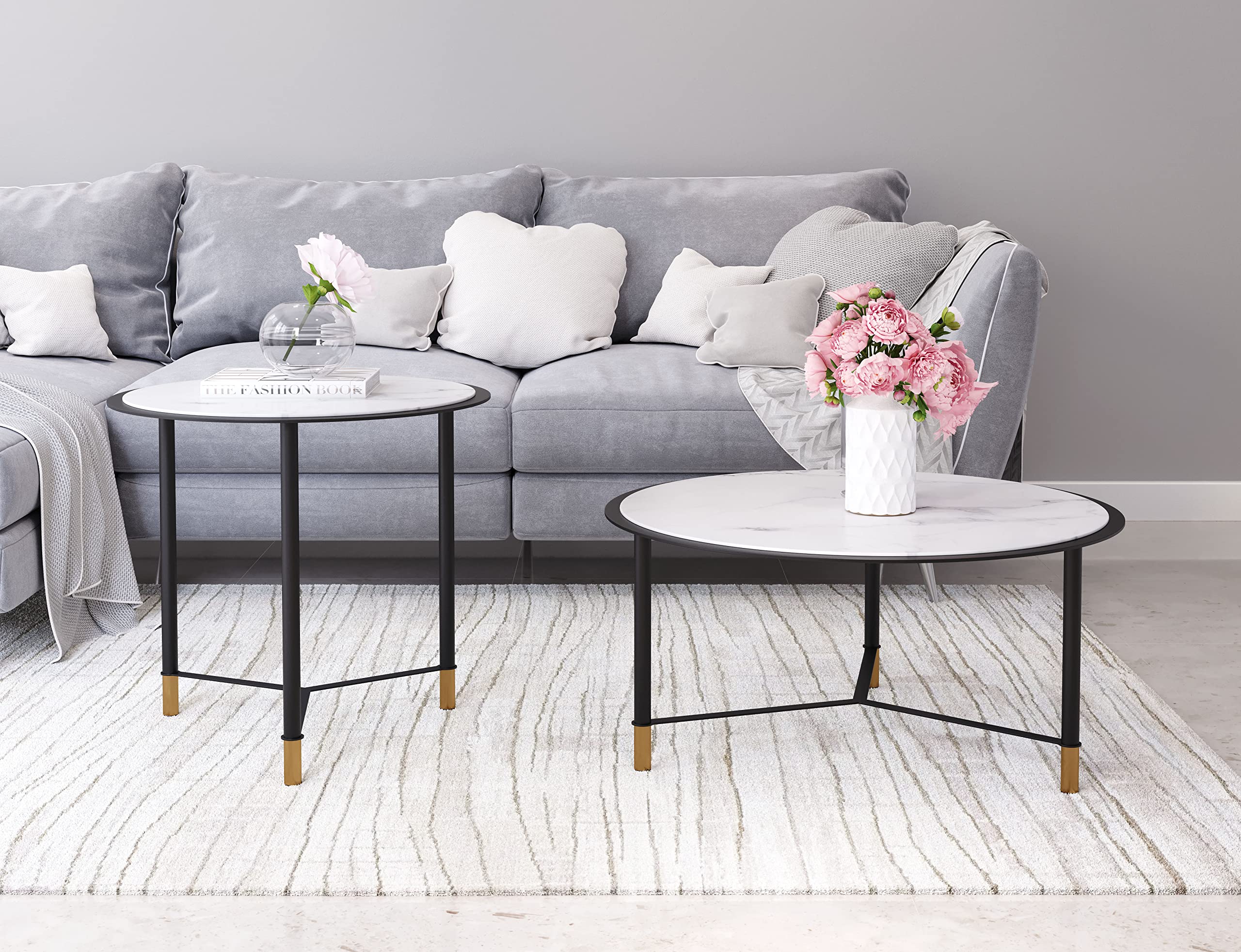 Modern Zuo Davis Coffee Table Set of 2 - Black & White Glass Top End Tables for Living Room, Lounge & Office Decor