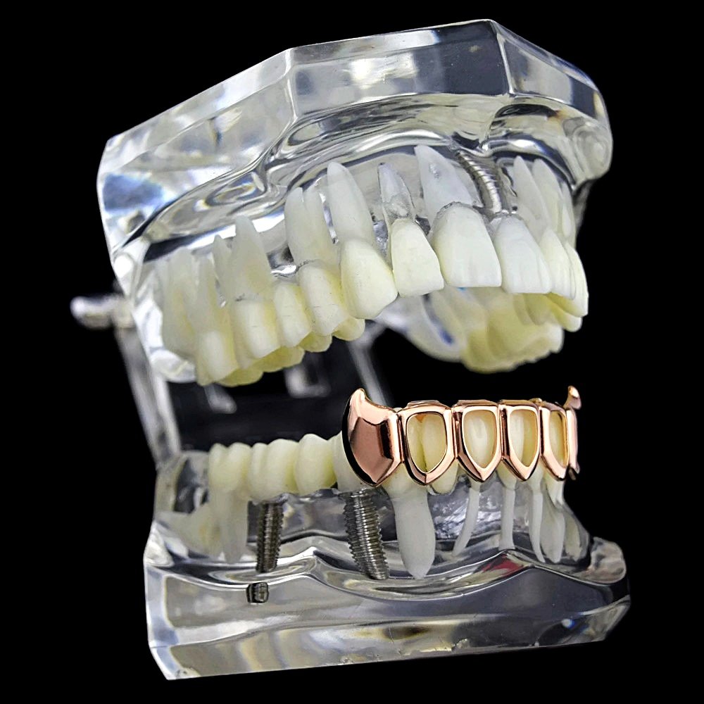 14K Rose Gold Plated Vampire Fang Grillz - Open Face Teeth Jewelry for Lower Bottom - Perfect for Halloween Costumes, Hip Hop Fashion & Gothic Style