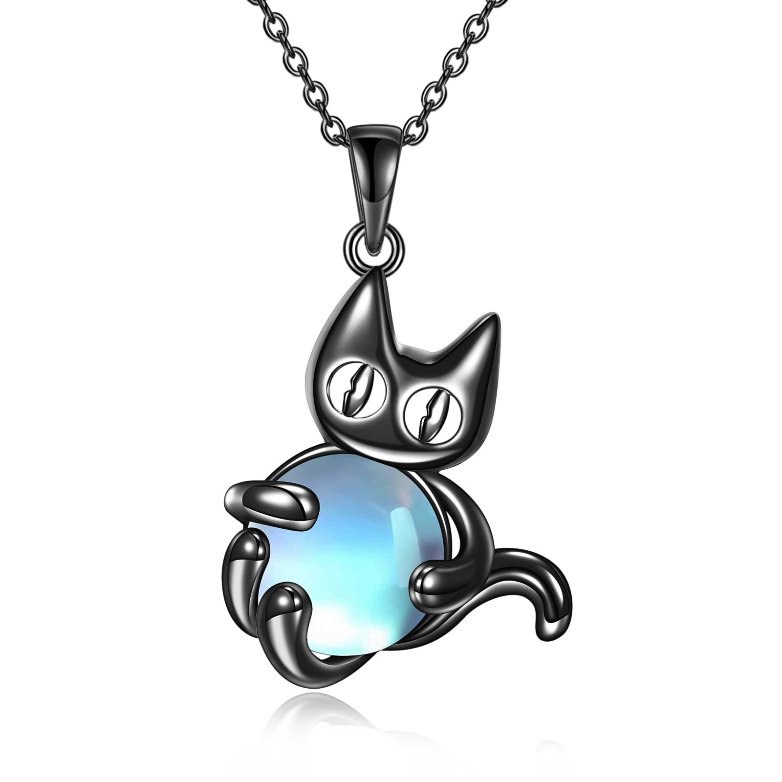 Vadmans Moonstone Black Cat Necklace - Sterling Silver Animal Pendant Jewelry for Women | Elegant Birthday & Christmas Gift for Her | Perfect for Casual Wear, Date Nights & Special Occasions