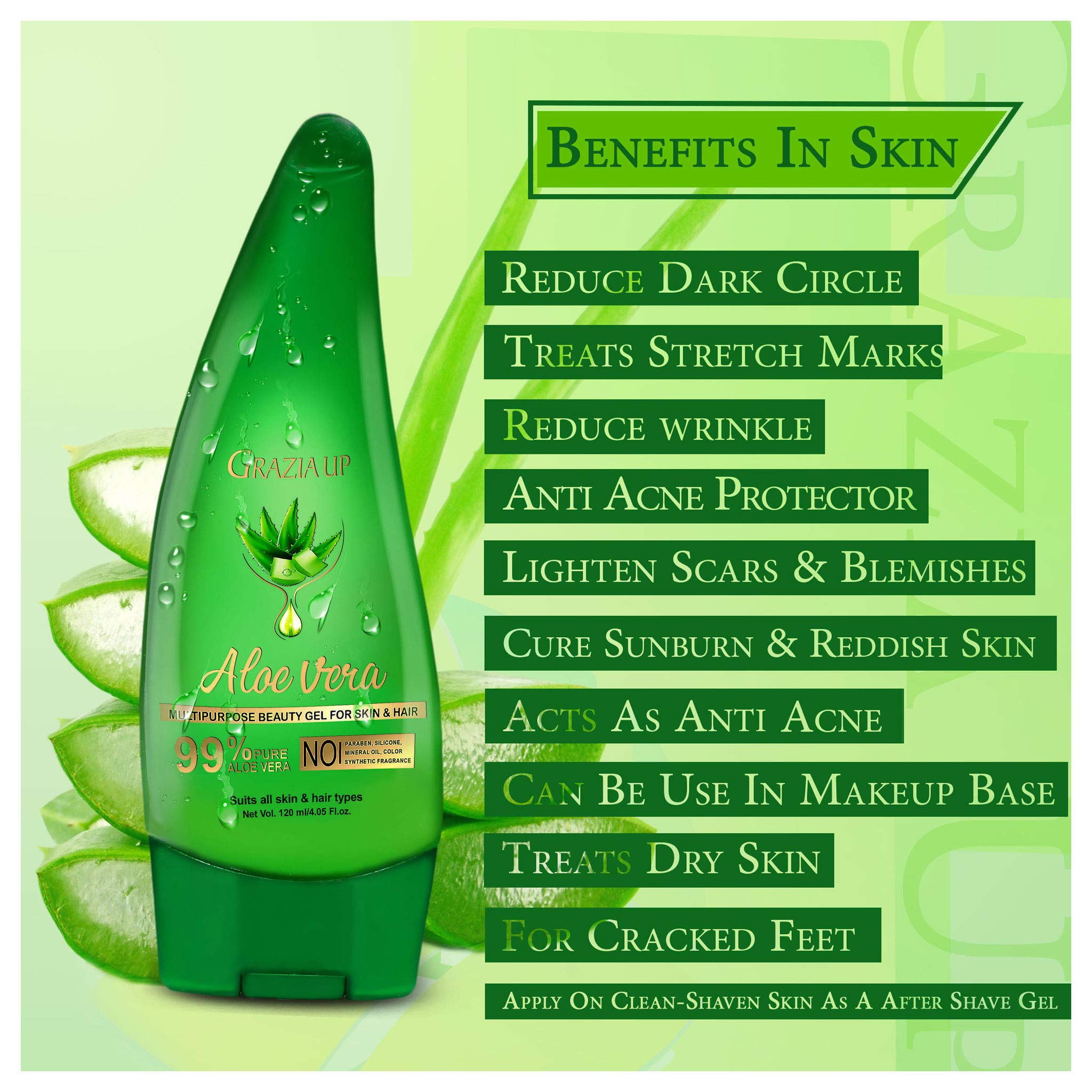 Grazia Up 99% Pure Aloe Vera Gel for Skin & Hair Care - 120ml Multipurpose Beauty Solution | Hydrates, Soothes & Repairs Dry Skin, Sunburn Relief, Hair Conditioning