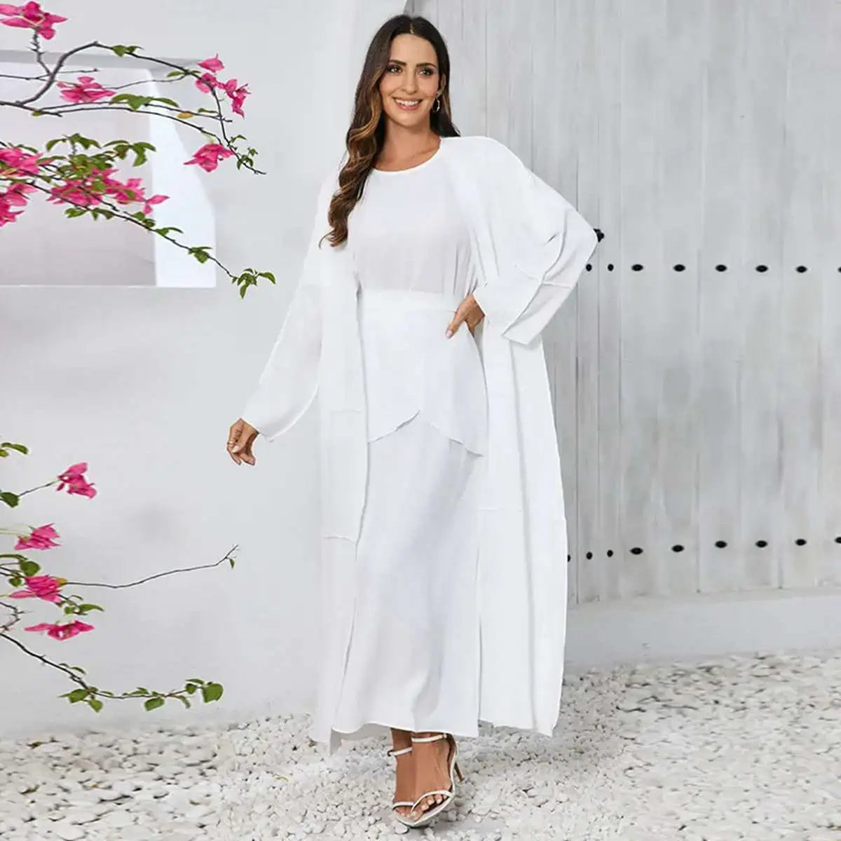 10 Color Options 3-Piece Wrinkled Abaya Dress Set - Outer Abaya, Mid Wrap & Sleeveless Inner Dress | Modest Islamic Fashion for Prayer, Eid & Special Occasions