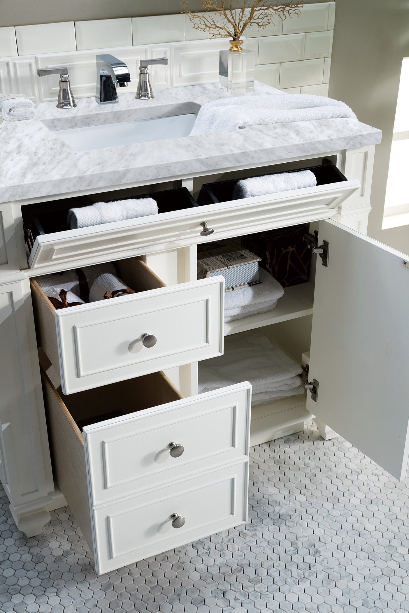 Bristol 36 Inch Single Bathroom Vanity Set with 3CM Carrara Marble Top in Bright White - Perfect for Modern Master Bathrooms & Powder Rooms
