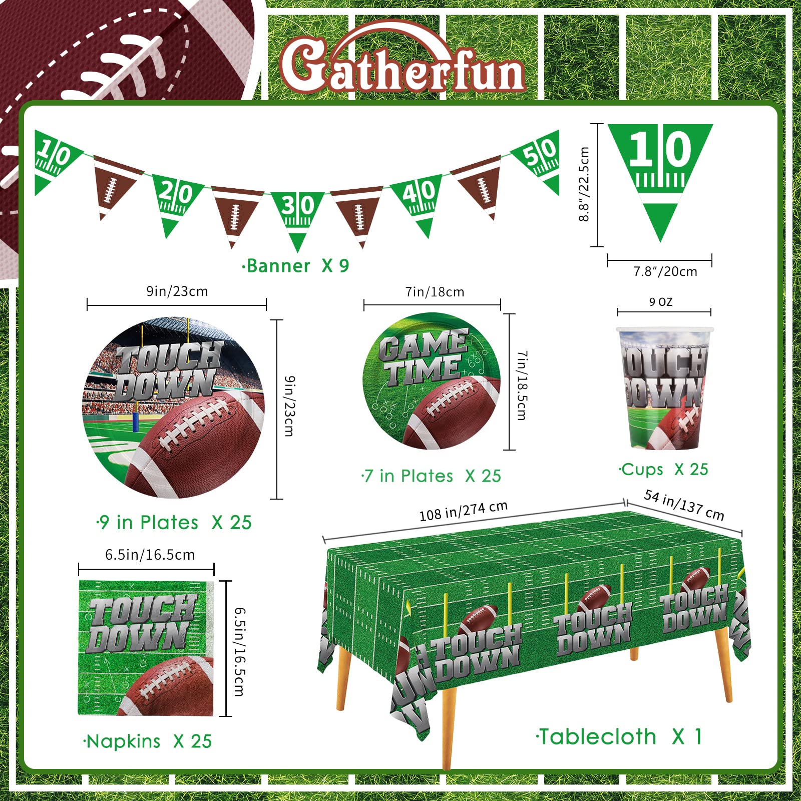 Football Party Supplies Kit for 25 Guests - Disposable Dinner Plates, Dessert Plates, Napkins, Cups & Football Tablecloth - Perfect for Football Birthday Parties & Tailgate Decorations (Ideal for Game Day Celebrations, Sports Themed Events & Fan Gatherings)