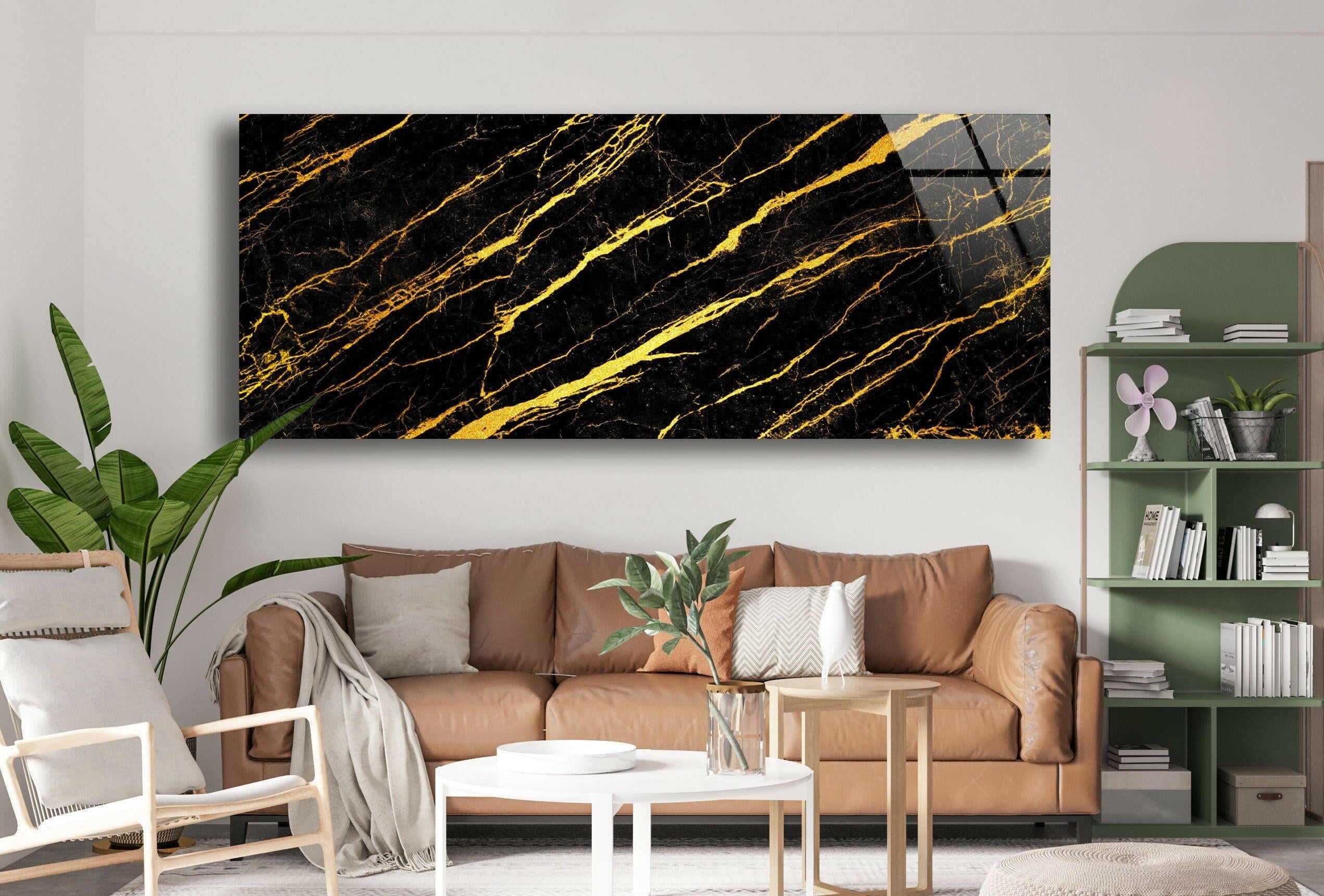 Elegant Black Marble with Gold Veins Glass Wall Art - Modern Home Decor for Living Room, Bedroom & Office