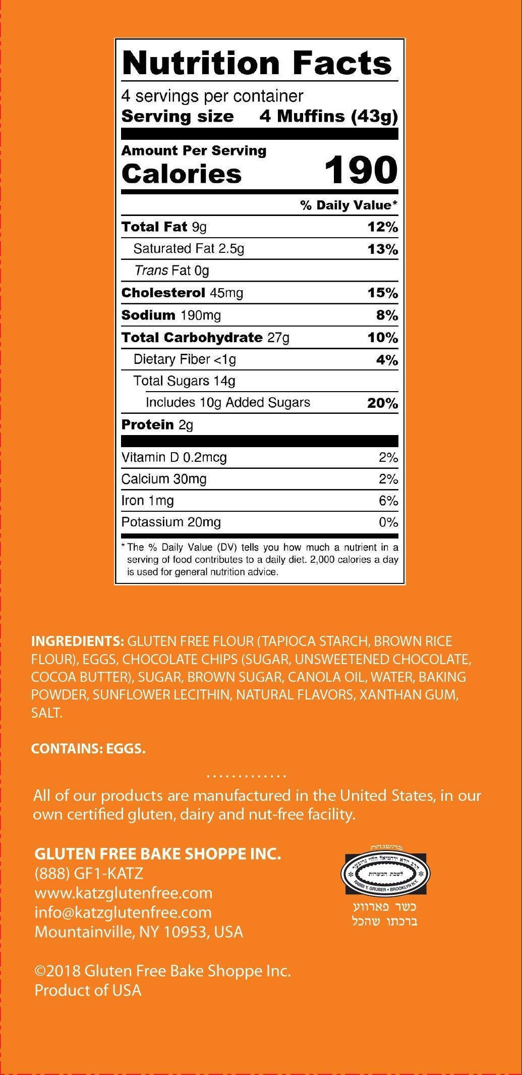 Katz Gluten Free Chocolate Chip Muffin Snacks - 6 Pack (6 Oz Each) | Dairy Free, Nut Free, Soy Free, Kosher Certified | Perfect for School Lunches, Road Trips & On-the-Go Snacking
