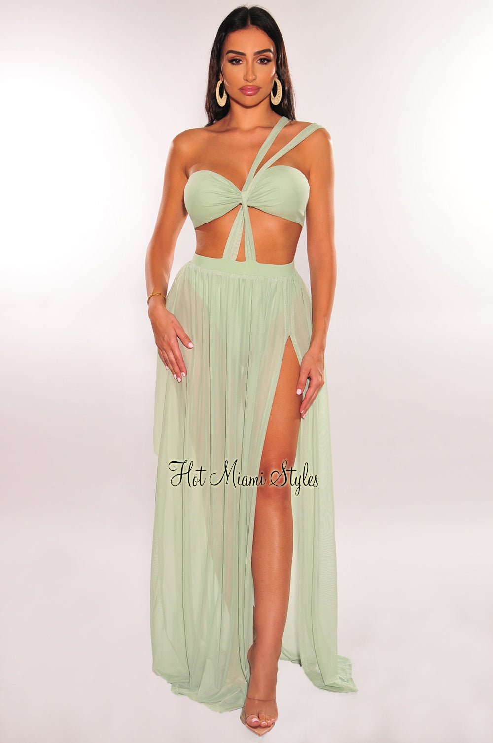 Elegant Sage Green One Shoulder Cut Out Strappy Slit Maxi Dress for Women - Perfect for Evening Parties, Weddings & Summer Vacations