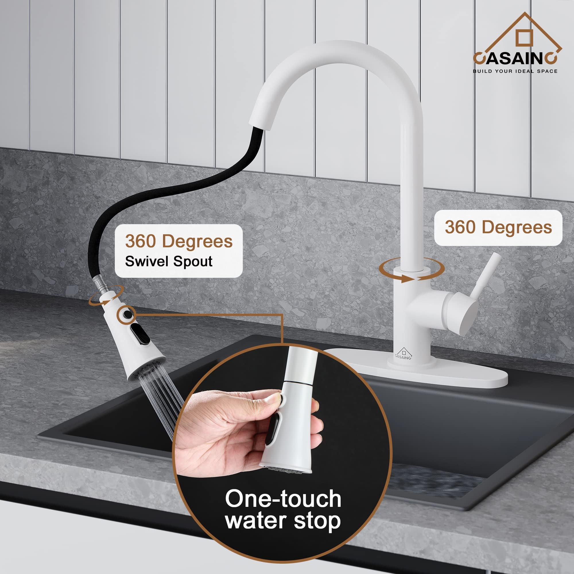 Premium Matte White Kitchen Faucet with Pull Down Sprayer - 3 Function Spray Modes & Pause Button - 1.8 GPM Lead-Free Copper Construction - 15.25