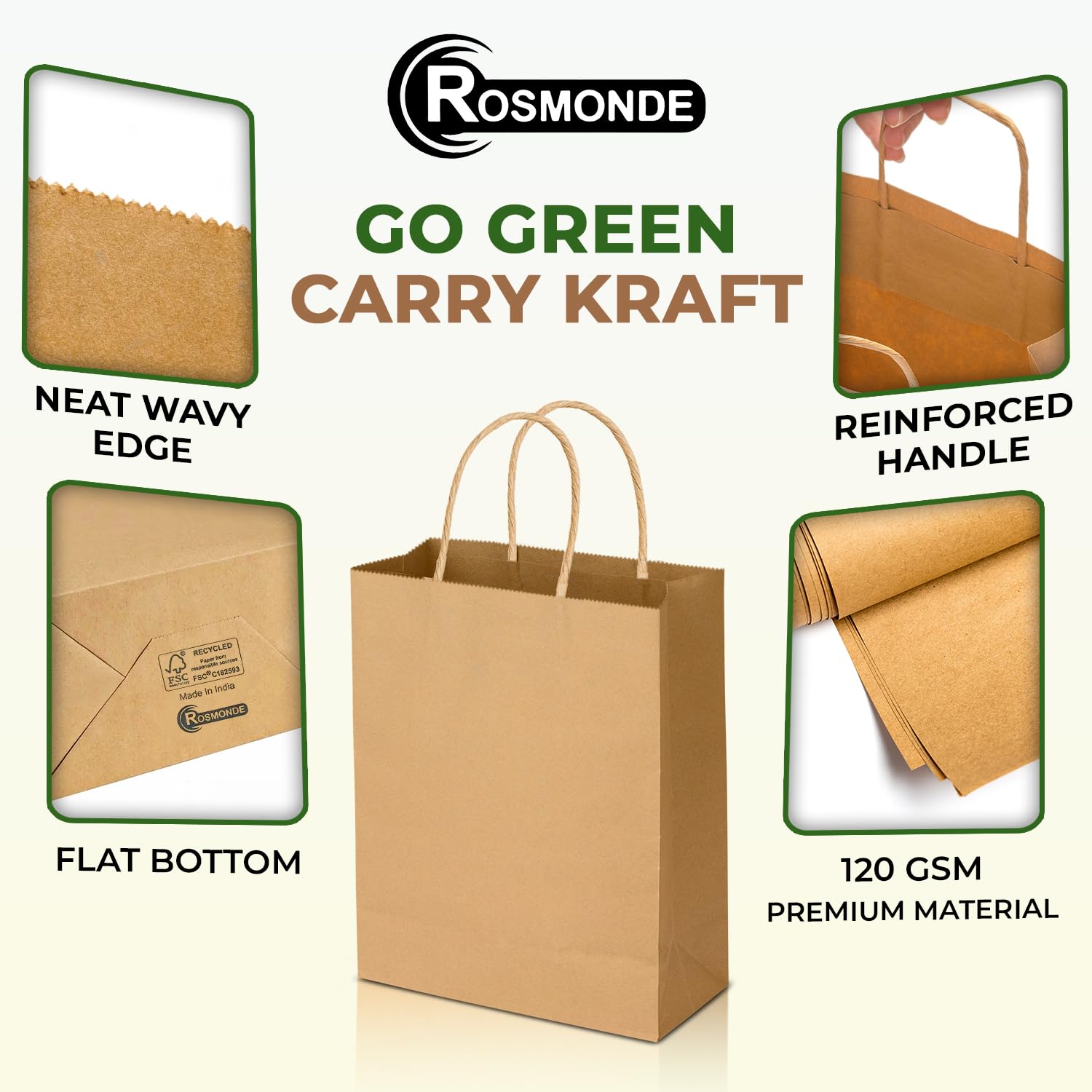 Rosmonde 400 Pack Brown Kraft Bags with Handles - Biodegradable & Heavy Duty for Retail & Gifts