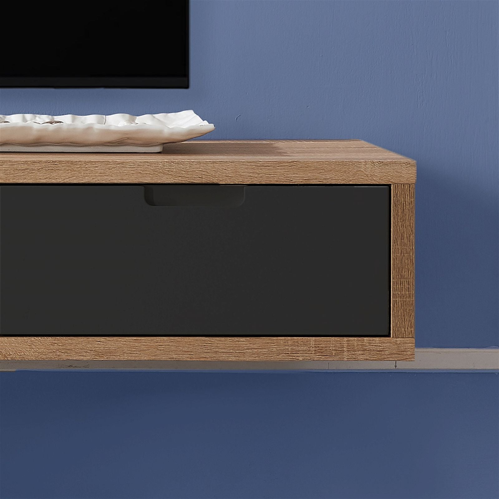 Wall Mounted TV Stand with Oak Finish & Gray Drawers - 1500mm Modern Entertainment Center by Criterion - Perfect for Living Room, Bedroom & Home Theater Setup