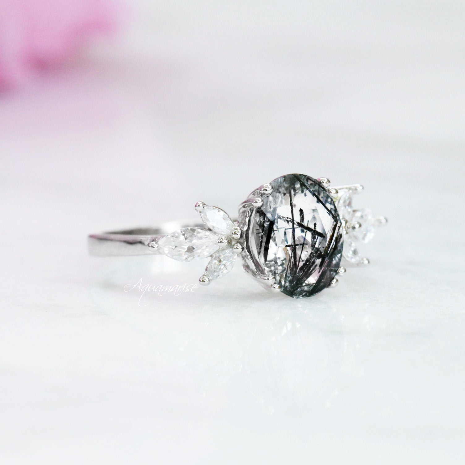 Eva Black Rutilated Quartz Ring Sterling Silver 925 - Elegant Handmade Jewelry for Women, Perfect for Wedding, Anniversary & Gift Giving