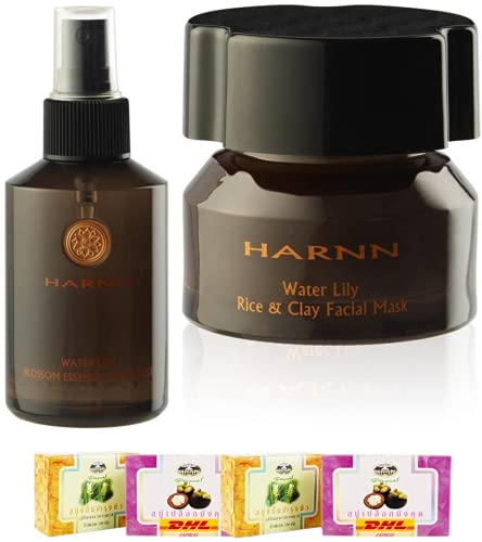 Harnn Water Lily Blossom Essence Toner & Rice & Clay Set - Hydrating & Purifying Skincare for Dry & Sensitive Skin - DHL Express Shipping by ThaiGiftShop [Free Tomato Facial Mask Included] - Perfect for Daily Hydration & Detoxifying Routine