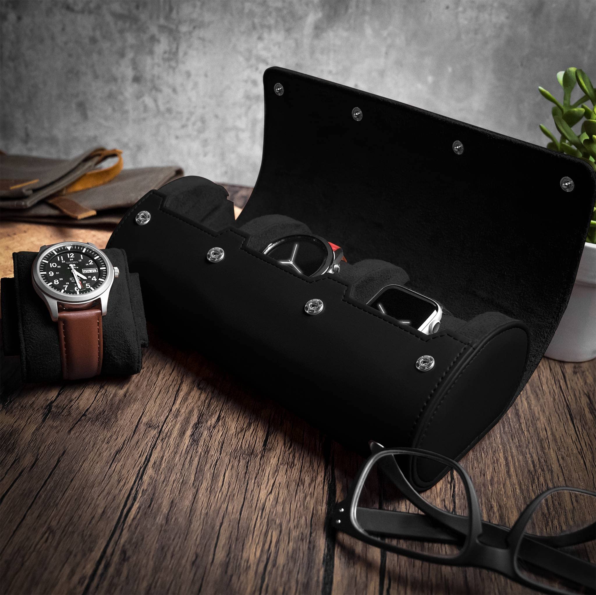 BARTON WATCH BANDS Men's Black Leather Watch Roll Case - Premium 3-Watch Travel Organizer for Storage & Protection | Perfect for Business Trips, Vacations & Home Display | Durable Watch Accessory Collection Case