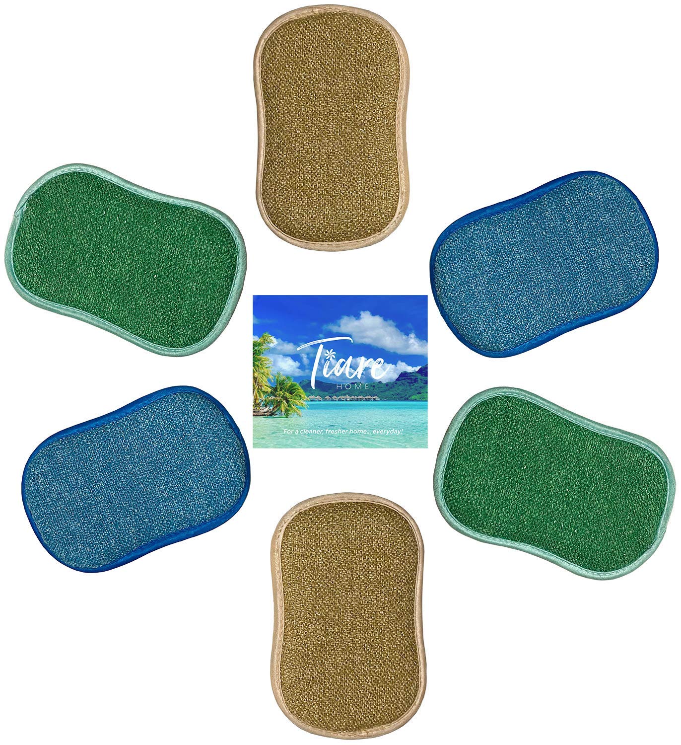 Tiare Home Non-Scratch Kitchen Scrubber Sponge - Dual Surface Microfiber Dish Cleaning Pads (6 Pack) for Pots, Pans, Countertops & More - Gentle Yet Effective for Daily Dishwashing & Household Cleaning