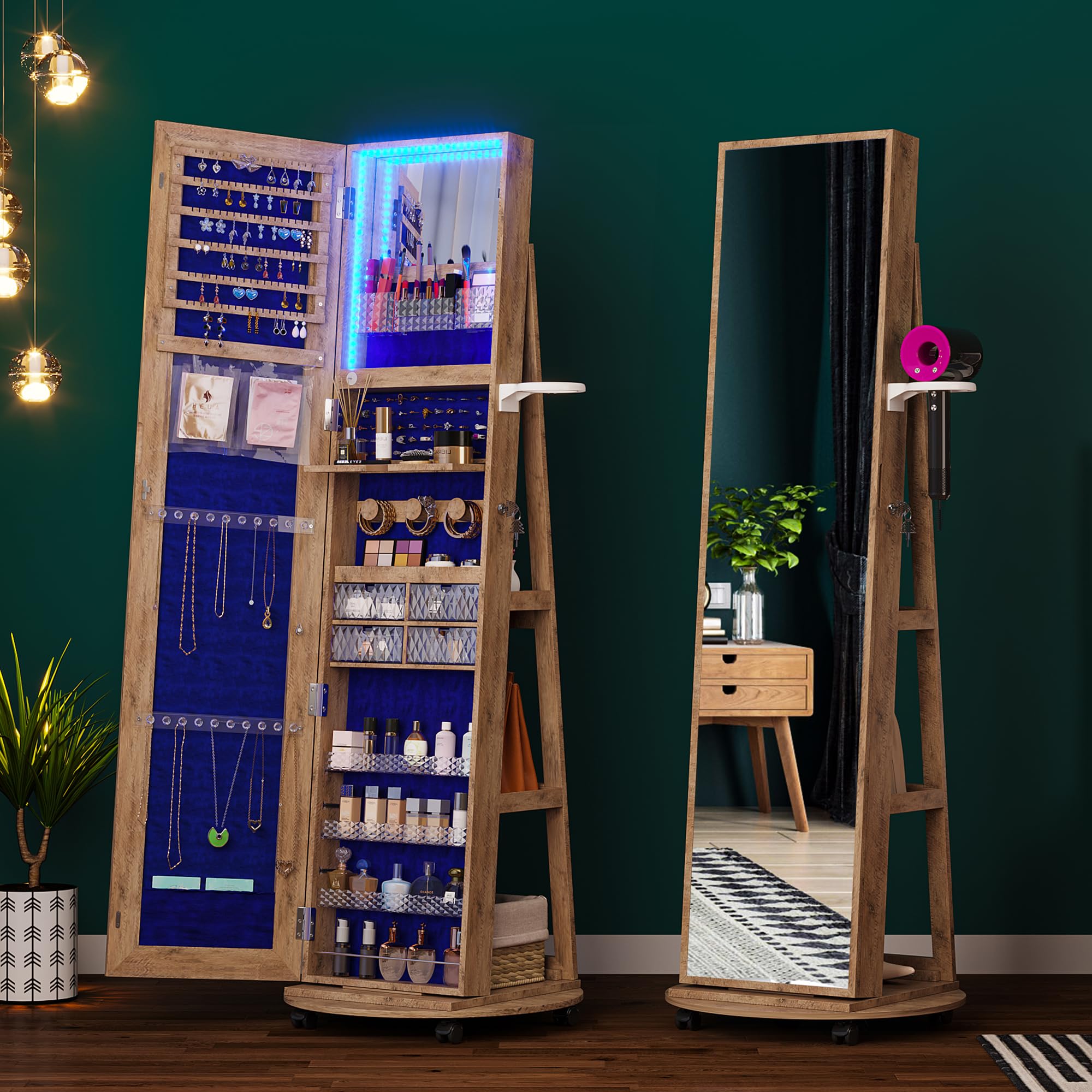360° Swivel Jewelry Armoire with LED Mirror & Lockable Wheels - Full Length Standing Mirror with Jewelry Storage, Foldable Makeup Shelf & Wooden Organizer Cabinet - Perfect for Bedroom, Closet & Dressing Room Organization
