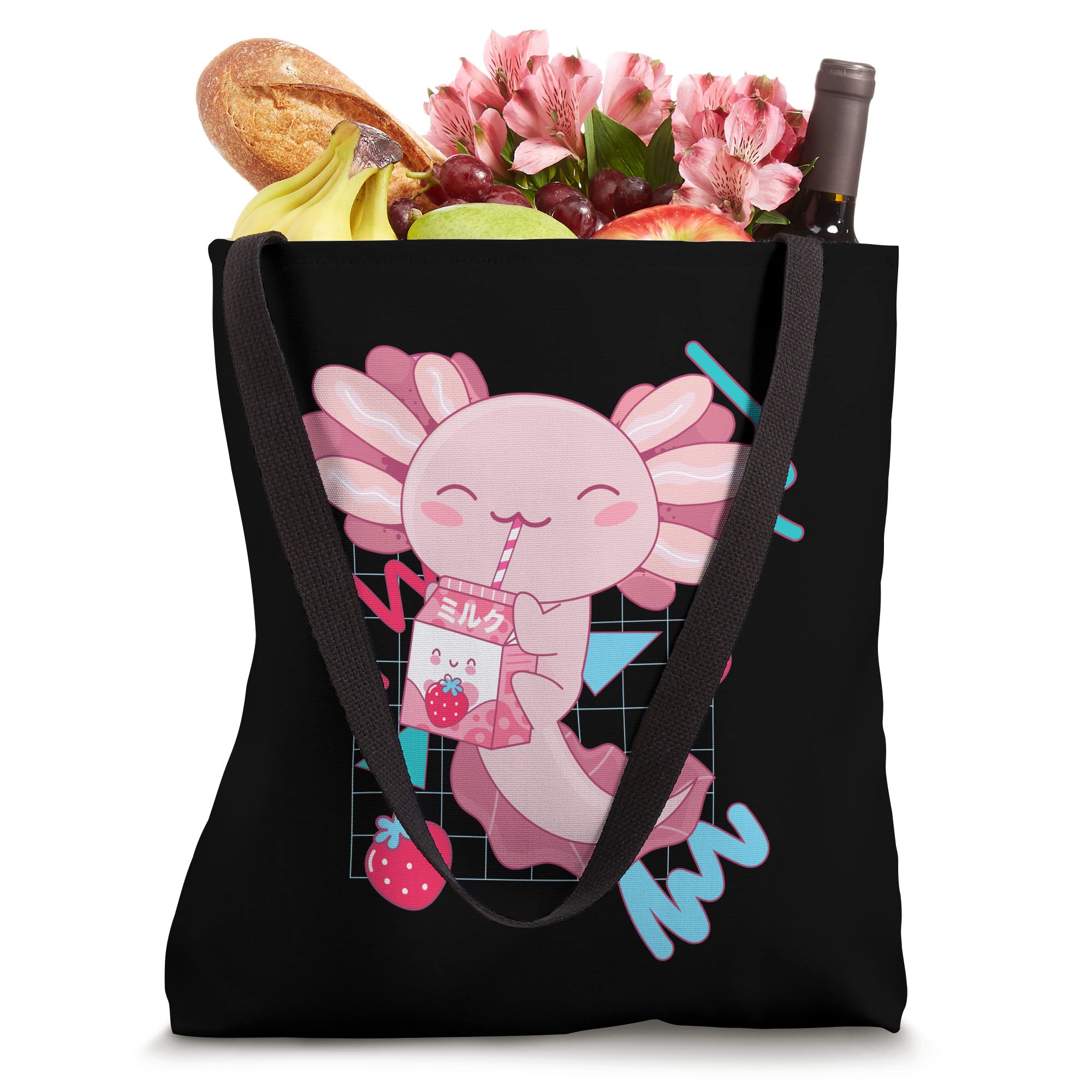 Cute Axolotl Strawberry Milk Shake Cartoon Retro 90s Anime Tote Bag - Perfect for School, Shopping & Anime Conventions