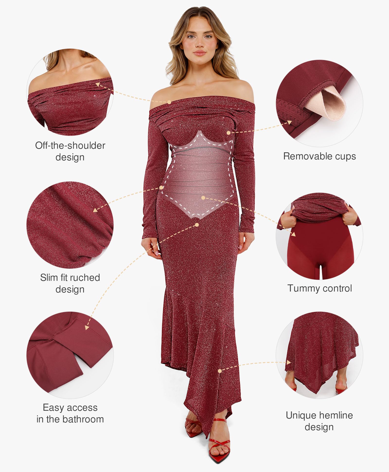 Sparkly Long Sleeve Off Shoulder Bodycon Dress for Women - Sexy Cocktail & Mermaid Dress with Built-in Shapewear - Perfect for Parties, Date Nights & Special Occasions