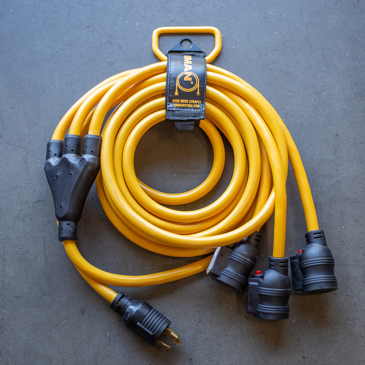 25ft Heavy Duty L5-30P to (3) 5-20R Power Cord with Storage Strap | 30 Amp Extension Cord for RV, Camper & Outdoor Events | Weatherproof & Durable Power Distribution Cable