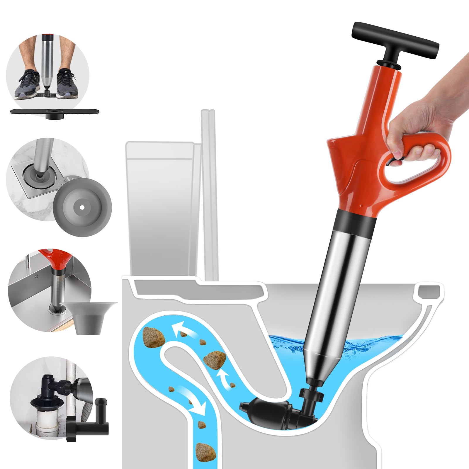 **Heavy Duty Toilet Plunger & Drain Snake Clog Remover Kit – High Pressure Air Drain Blaster for Toilet, Bathroom, Floor Drain, Sewer & Kitchen Clogs – Perfect for Home, RV & Emergency Plumbing Repairs**
