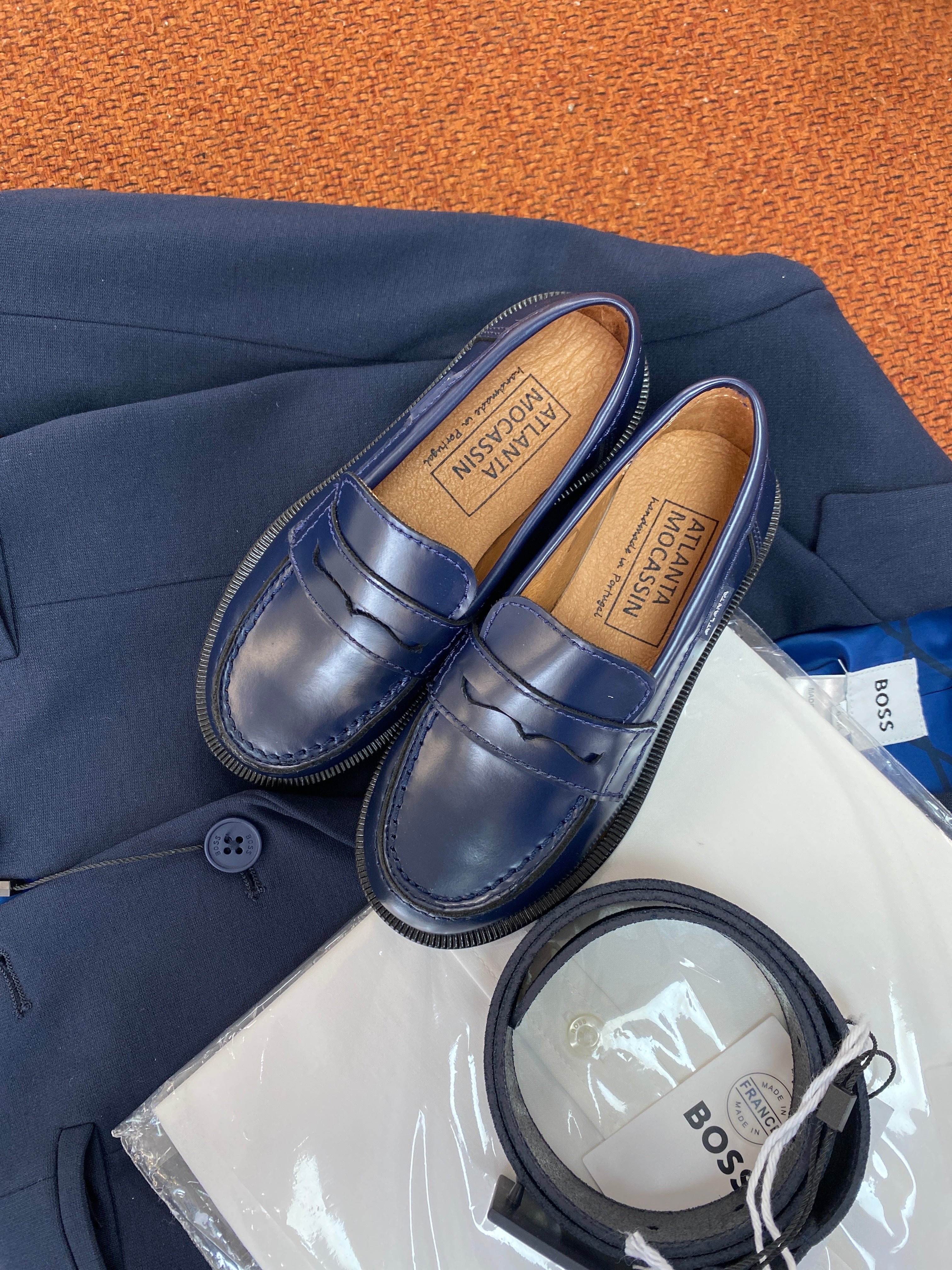 Men's Atlanta Moccasin Navy Penny Loafers - Shiny Leather Slip-On Dress Shoes for Business & Casual Wear