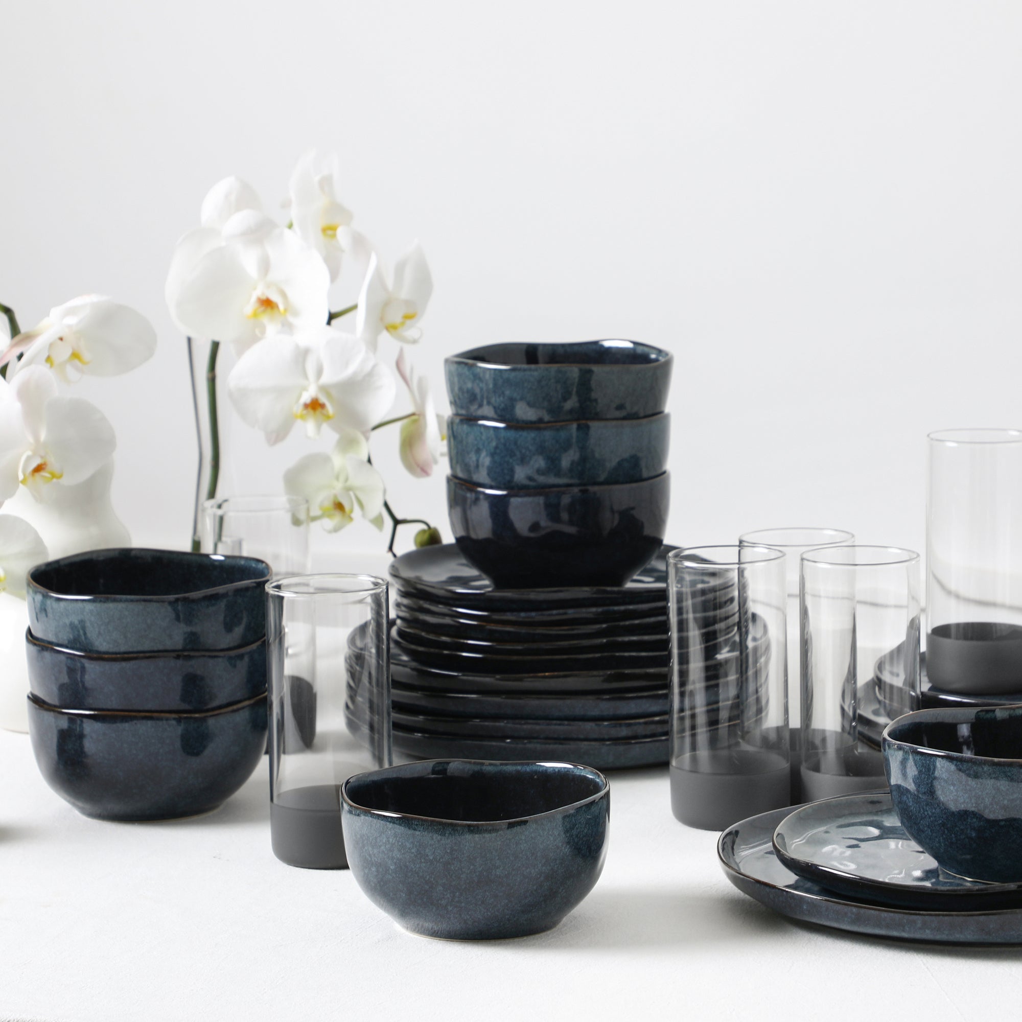 Stone Lain Mirella Stoneware 16-Piece Dinnerware Set with Glasses - Elegant Blue Ceramic Plates, Bowls & Cups for Everyday Dining & Entertaining