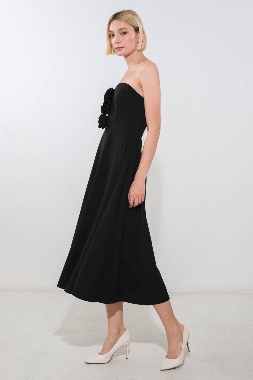 Land of the Free Black Strapless Midi Dress with Rosette Detail - Elegant Evening Wear for Parties & Special Occasions