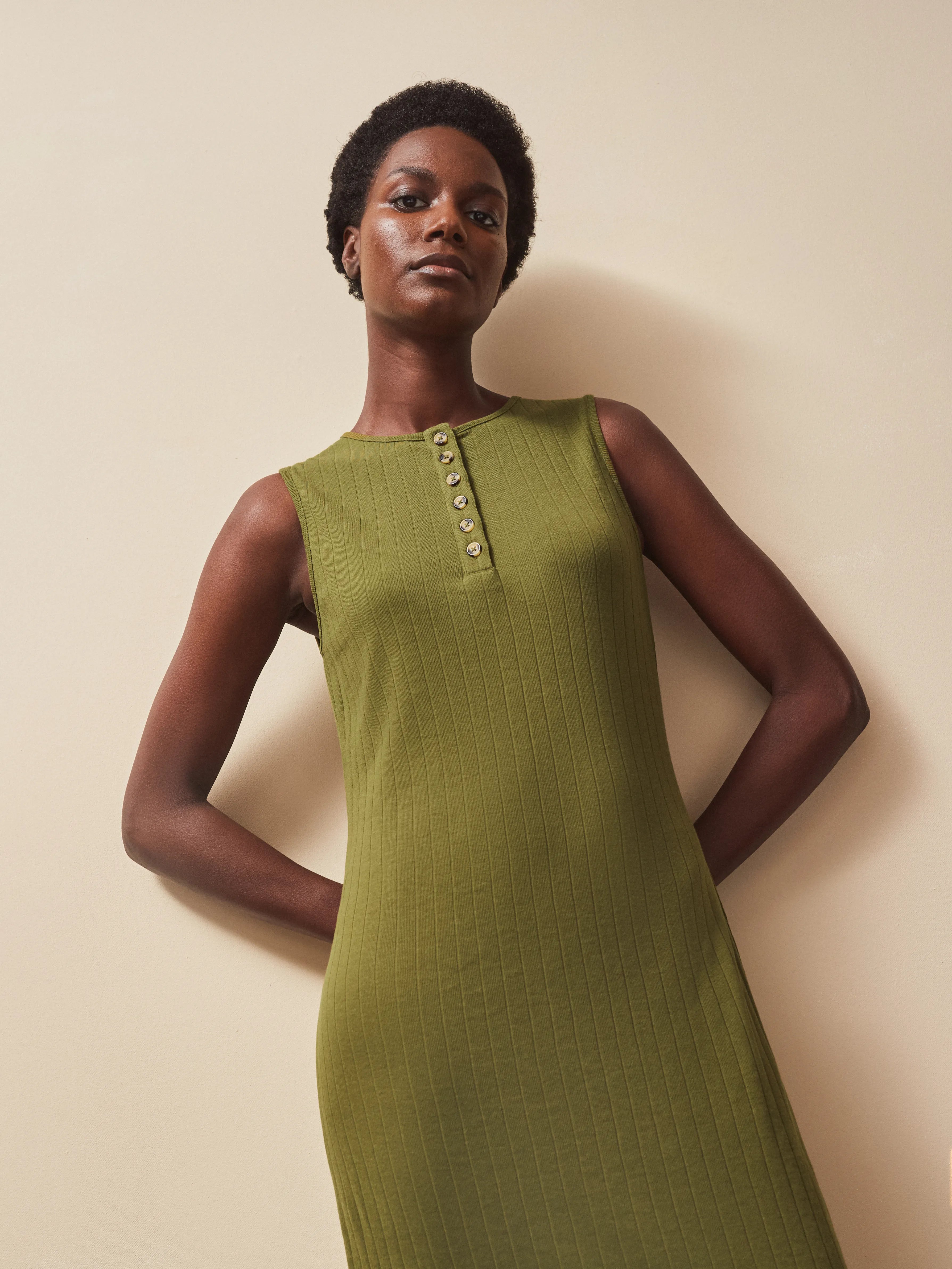 Elegant Olive Rib Column Dress for Women - Perfect for Office Wear, Cocktail Parties & Special Occasions