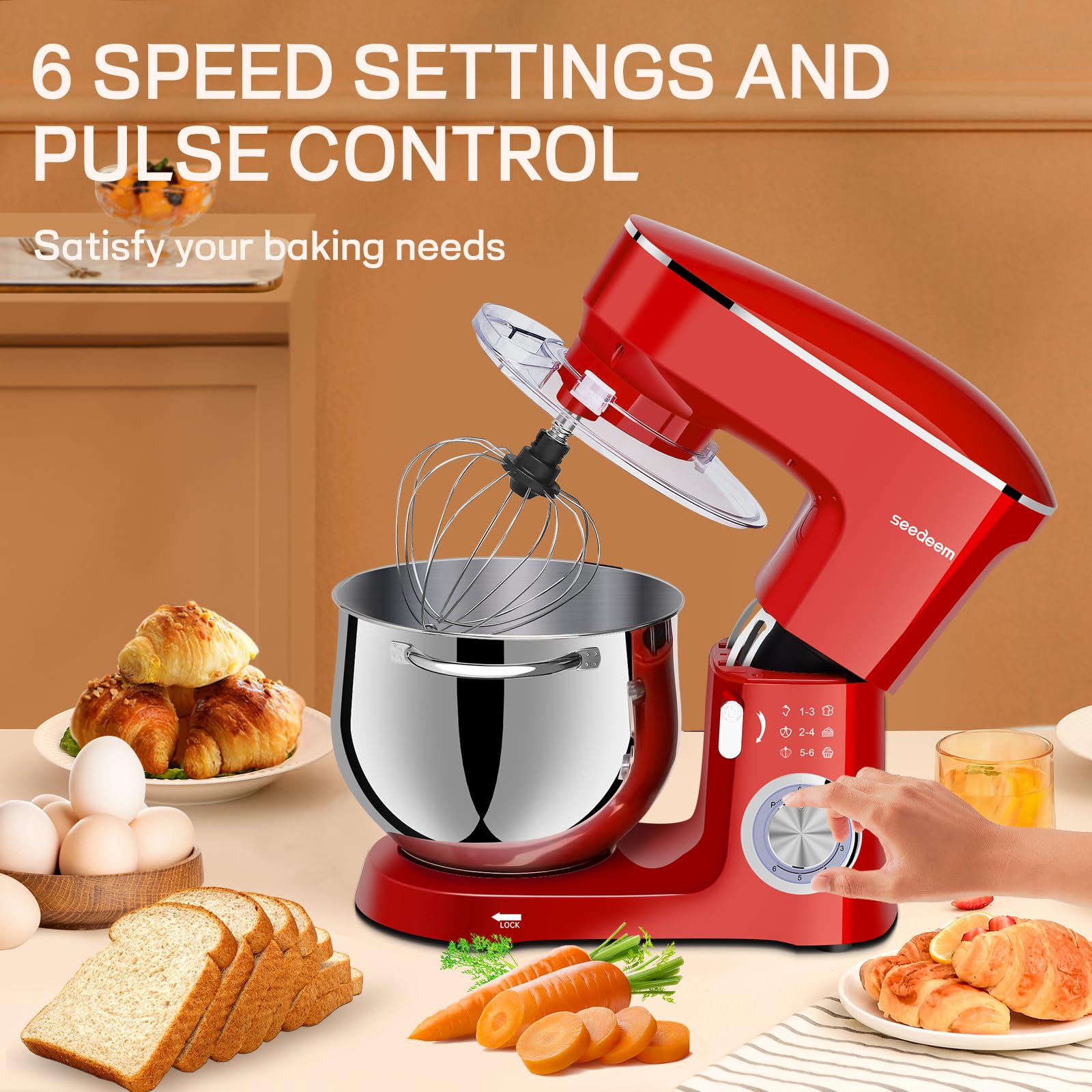 SEEDEEM 8.5 Qt Stand Mixer - 660W Powerful 6-Speed Tilt-Head Electric Kitchen Mixer with Dishwasher-Safe Dough Hook, Wire Whip & Beater - Perfect for Baking Bread, Cookies, Cakes & More - Red