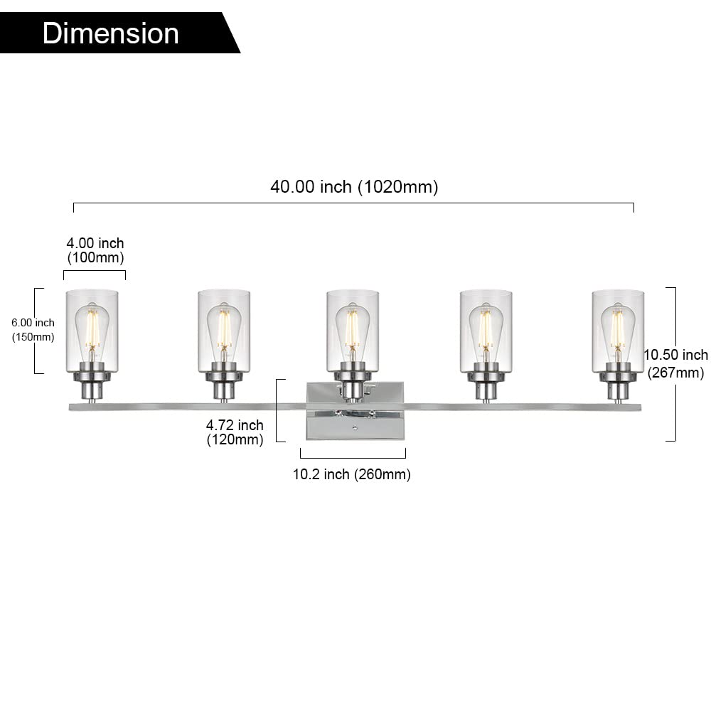 MELUCEE Modern 5-Light Bathroom Vanity Lighting Set - Chrome Finish with Clear Glass Shade, Contemporary Wall Mounted Mirror Lights for Dressing Table & Cabinet - Perfect for Bathroom Makeup Area, Spa Style Decor (Patent: US D963914 S)