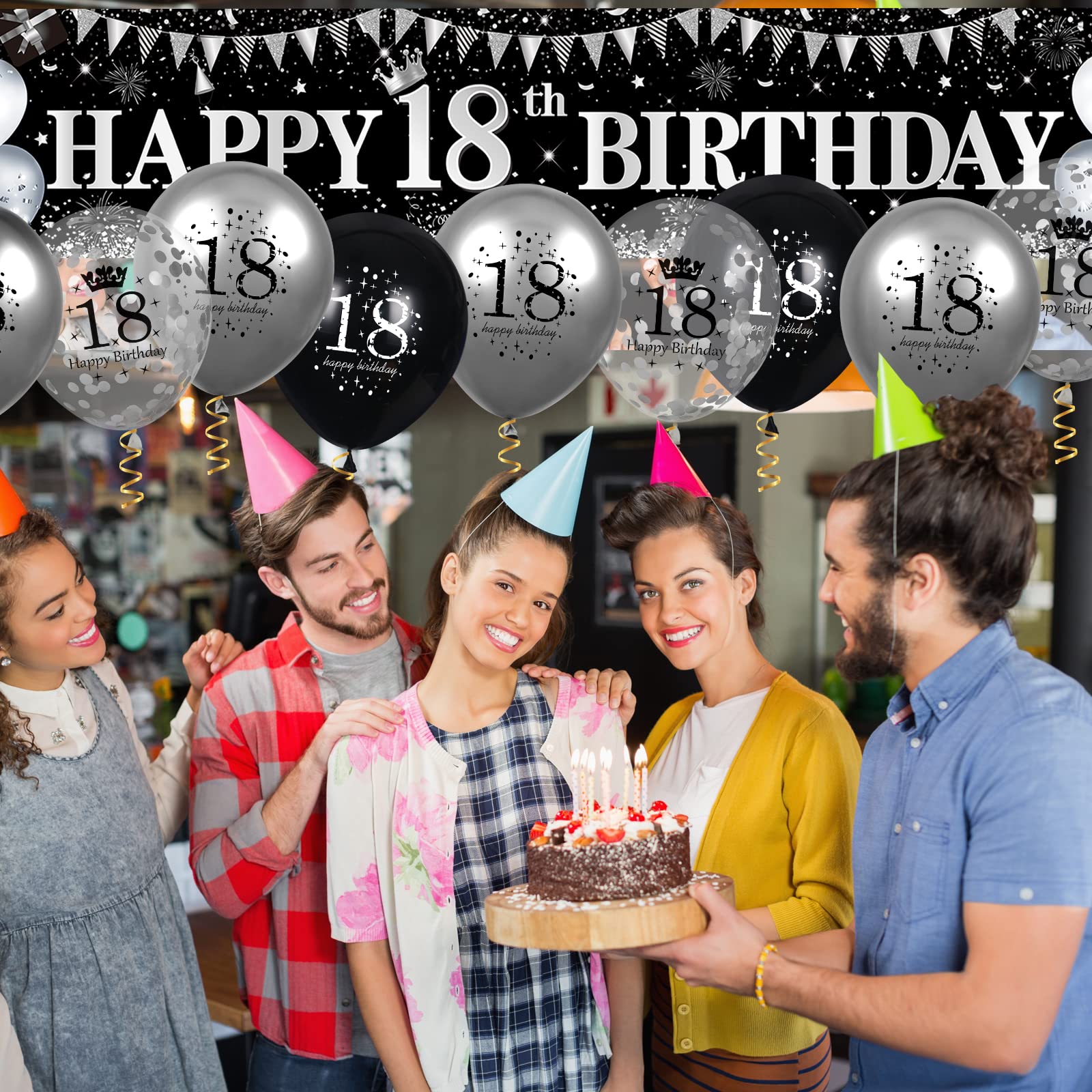 Black Silver 18th Birthday Party Decorations Set - Happy 18th Birthday Banner, Yard Sign & 18PCS Balloons for Boys & Girls - Cool Birthday & Anniversary Party Supplies for Indoor & Outdoor Celebrations