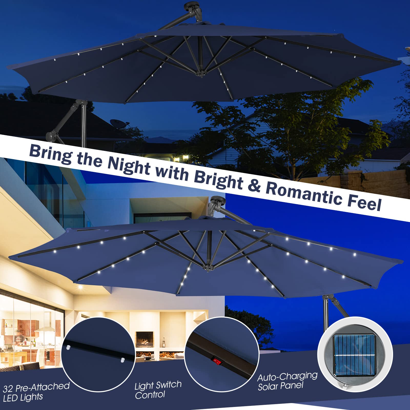 Giantex 10 Ft Solar Powered LED Patio Umbrella with 8 Ribs & Tilting Adjustment - Heavy Duty Cantilever Outdoor Umbrella for Pool, Garden, Deck, and Backyard Relaxation