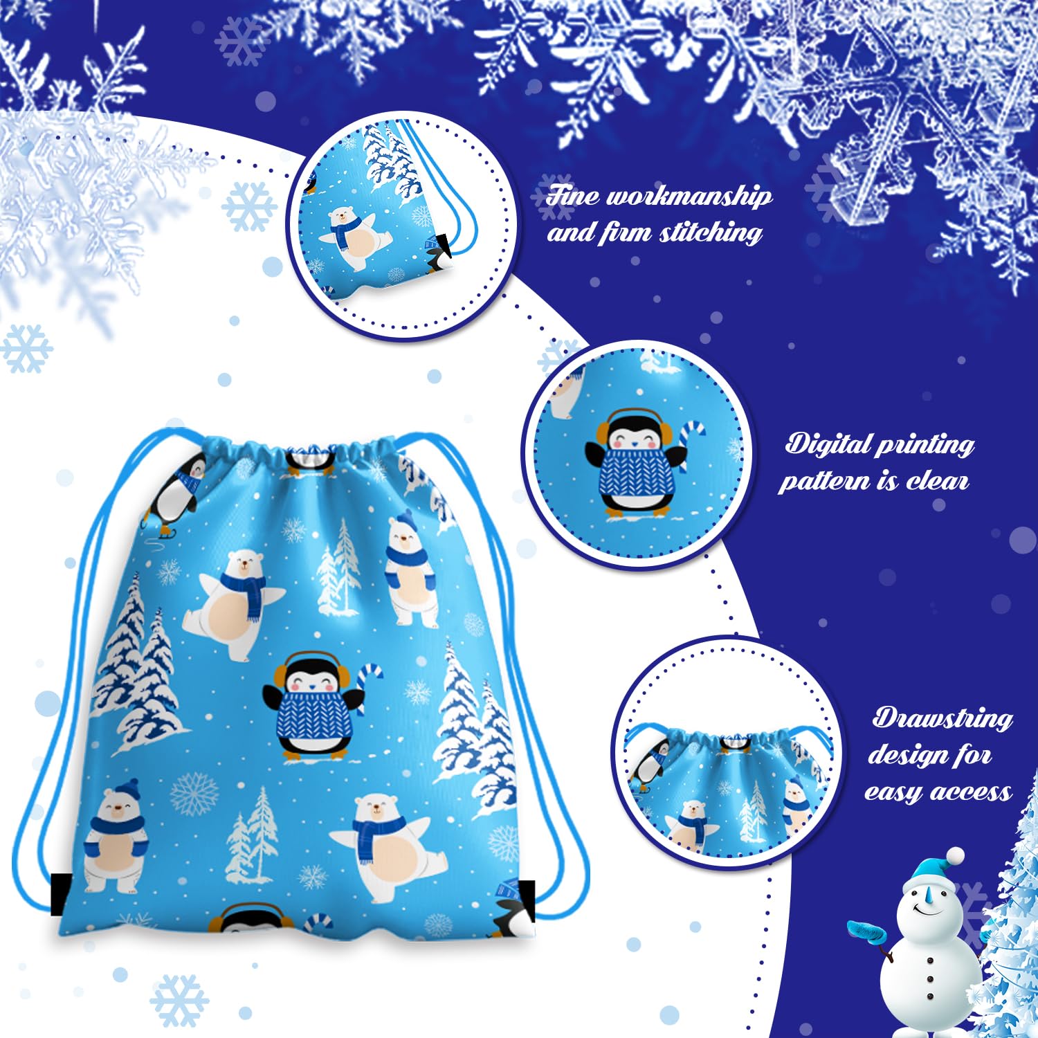 12-Piece Christmas Drawstring Gift Bags Set - Festive Snowflake & Snowman Design for Holiday Party Favors, Stocking Stuffers & Gift Wrapping - Perfect for Christmas Celebrations, Office Exchanges & Classroom Treats