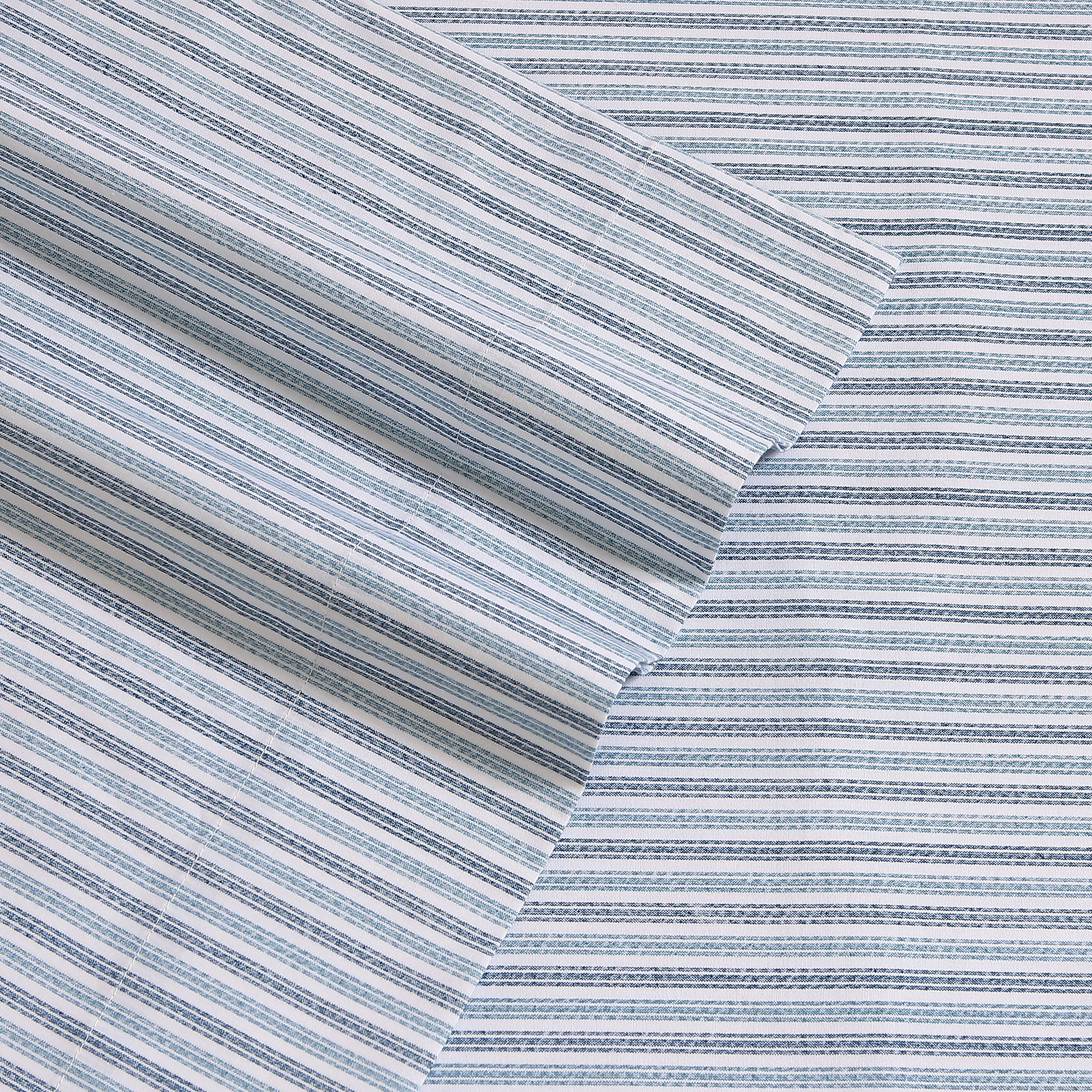 Eddie Bauer Queen Size Cotton Percale Sheet Set - Light Blue Ticking Stripe Bedding for Cool & Comfortable Sleep - Perfect for Master Bedroom, Guest Room & Vacation Homes