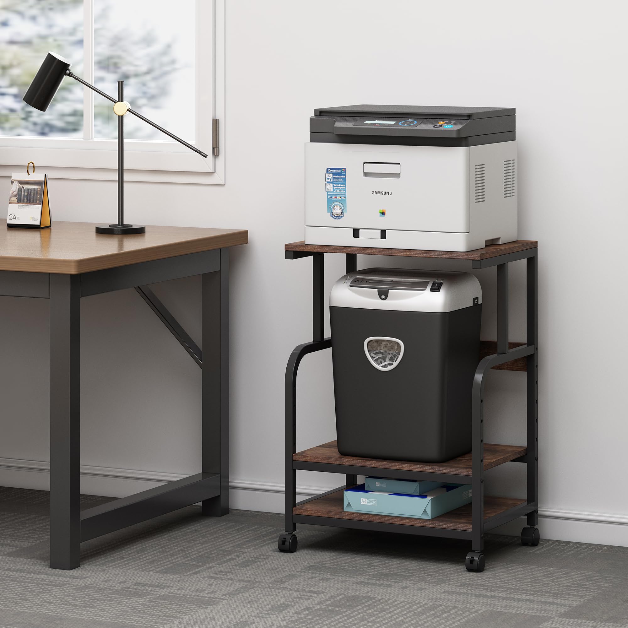 Adjustable Height 3-Tier Rolling Printer Cart with Wheels - Industrial Style Mobile Printer Stand for Home Office Storage & Organization - Perfect for Printers, Scanners & Office Supplies