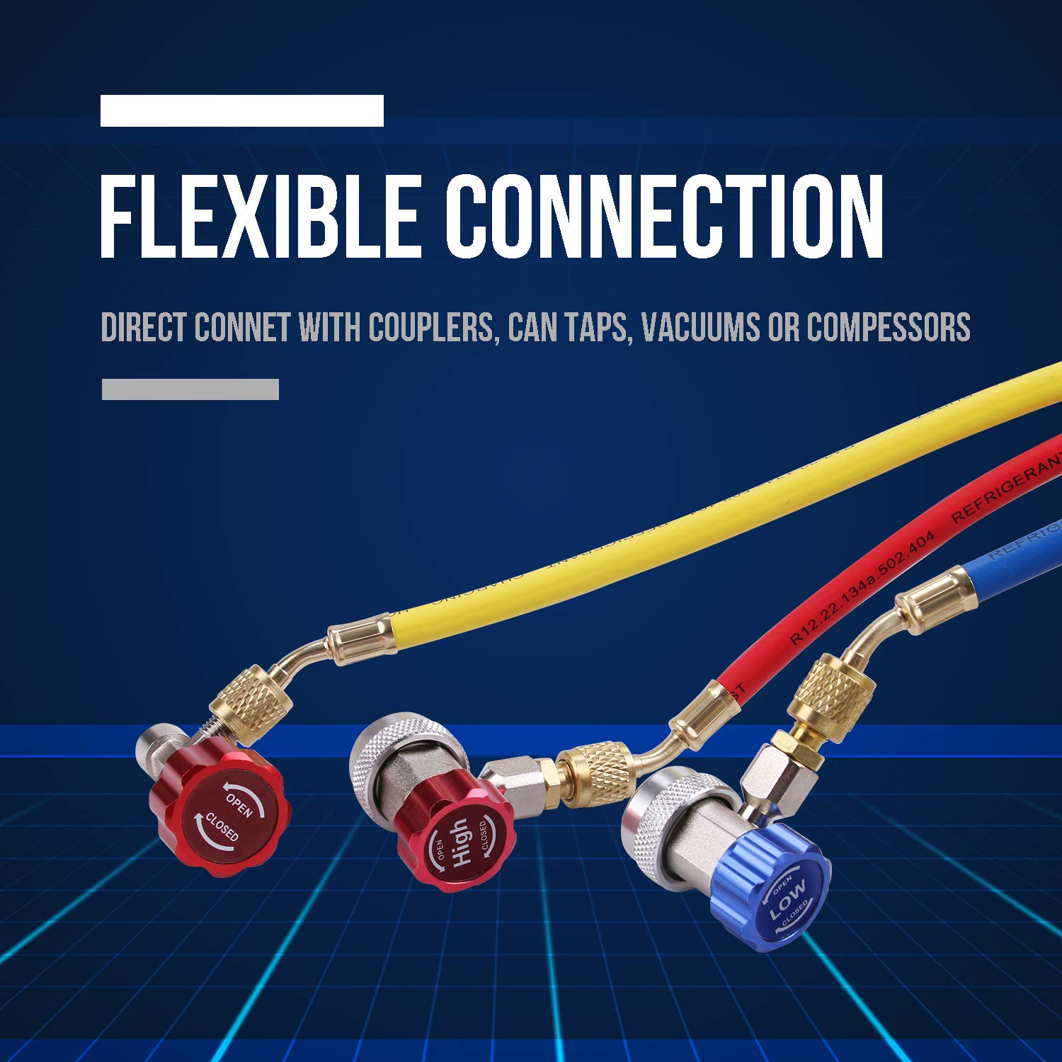 Lichamp 4-Piece 5FT AC Manifold Gauge Hose Kit with 4 AC Adapters - Compatible with R134A, R410A, R404A, R12, R22, R502, R1234YF Refrigerants - Perfect for HVAC Repair, Auto AC Service, and Refrigeration Maintenance