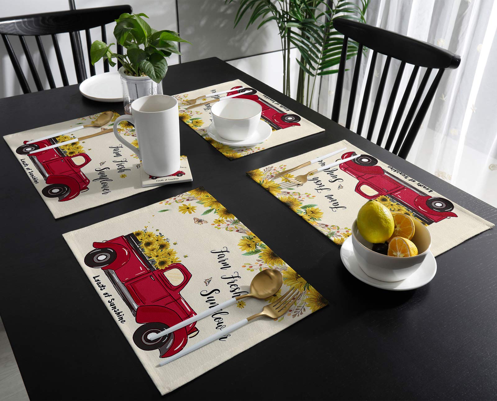 Harvest Farm Red Truck Full of Blooming Sunflowers Placemats - Set of 4 Washable Stain Resistant Cotton Linen Woven Dining Table Mats (12