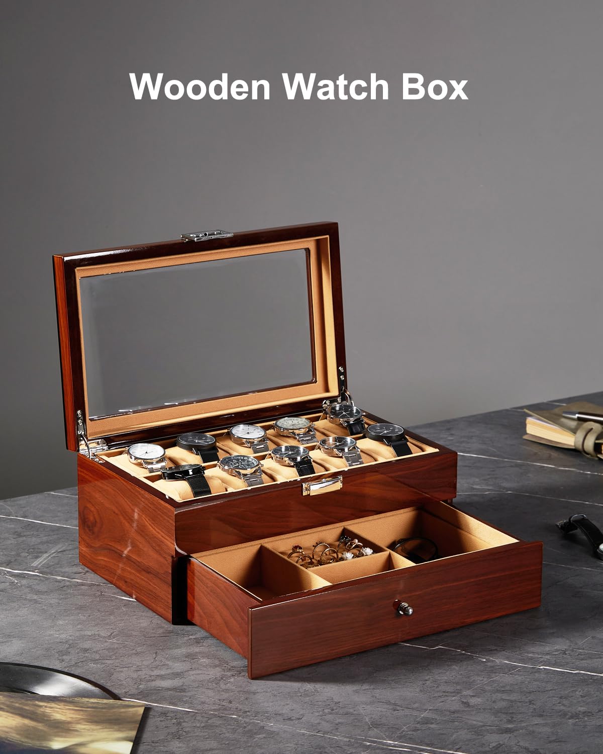 10-Slot Wooden Watch Box with Glass Lid & Drawer - 2-Layer Jewelry Organizer for Men & Women - Perfect for Watch Display, Collection Storage & Gift Giving