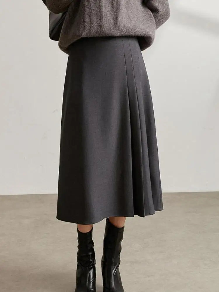 Vintage High Waist Pleated Wool Skirt for Women - Black & Grey A-Line Long Skirt, Elegant Winter Party Wear, Fall Festival Fashion, Office to Evening Outfits