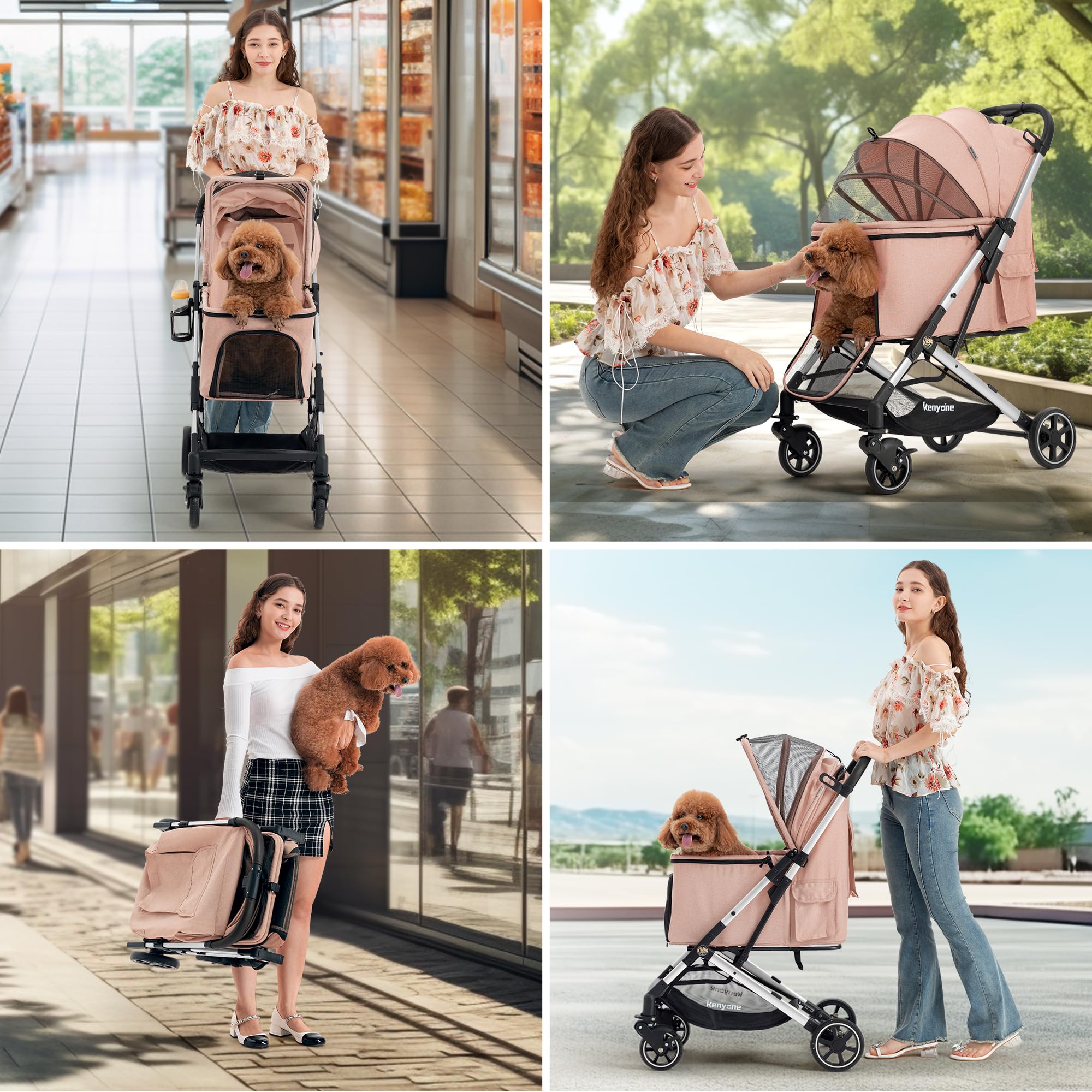 Kenyone Medium Dog Stroller for Pets Up to 55lbs - Lightweight Aluminum Frame, One-Click Folding, No-Zip Entry & Detachable Mesh - Large Pet Carrier with Storage Pockets for Walking, Travel & Outdoor Adventures