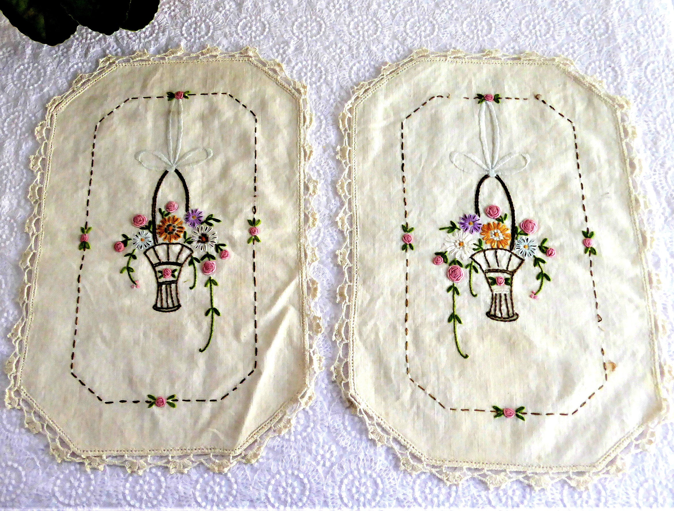 Vintage Art Deco Crochet Doily Pair with Floral Baskets & Picot Shell Edging - Handmade 1930s Dresser Decor for Vintage Home, Wedding, or Tea Party Table Setting