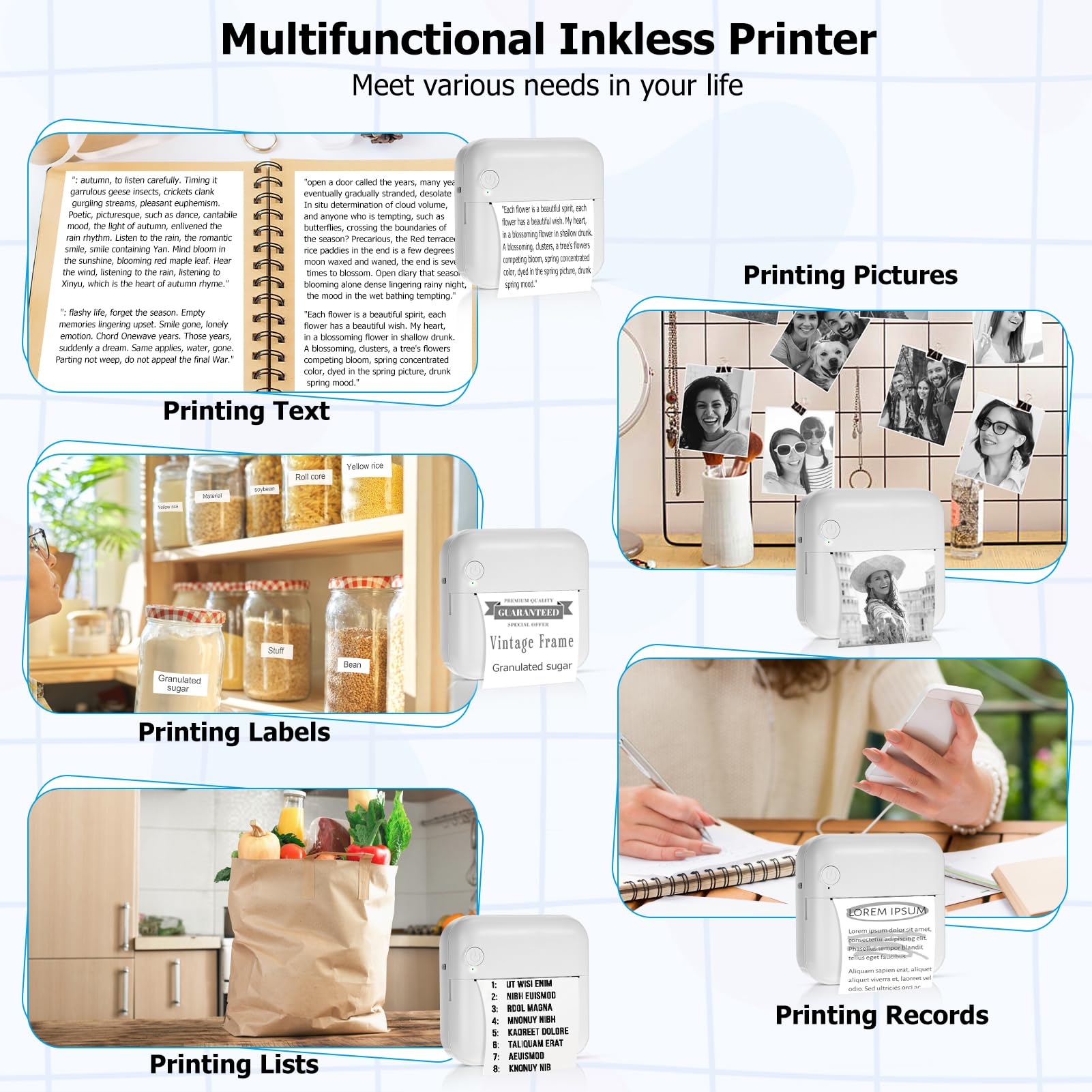 LINGSFIRE Mini Portable Bluetooth Thermal Printer - Wireless Inkless Pocket Printer with 10 Thermal Paper Rolls & 5 Pens for Photos, Notes, Memos | Perfect for Students, Journaling, Office Use & Travel Essentials